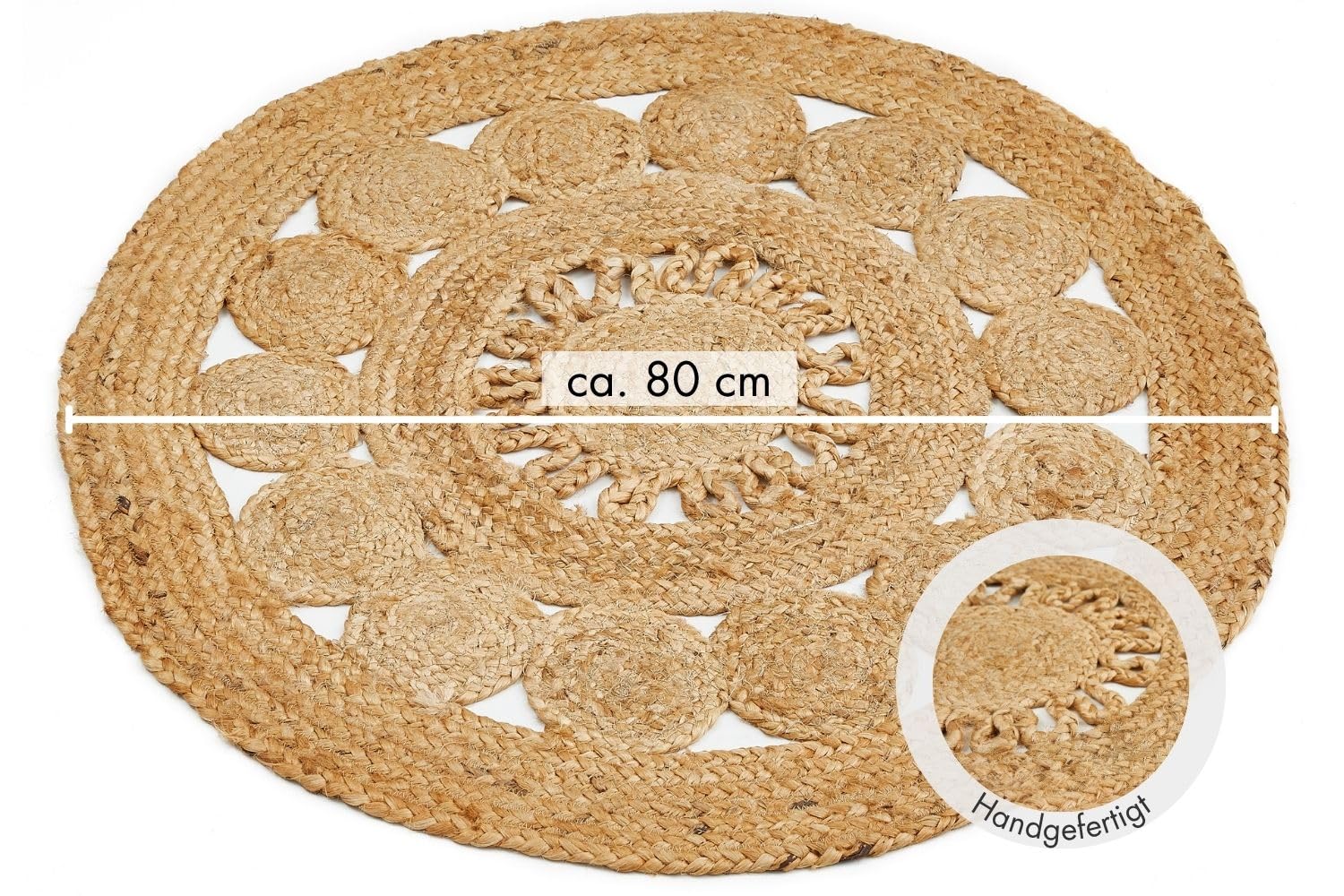 -LUXOR- living Dywan Balo – okrągły dywan jutowy – nadaje się również jako dywan do sypialni – zrównoważony dywan w stylu boho, beżowy – chodnik – produkt naturalny, 80 cm, okrągły