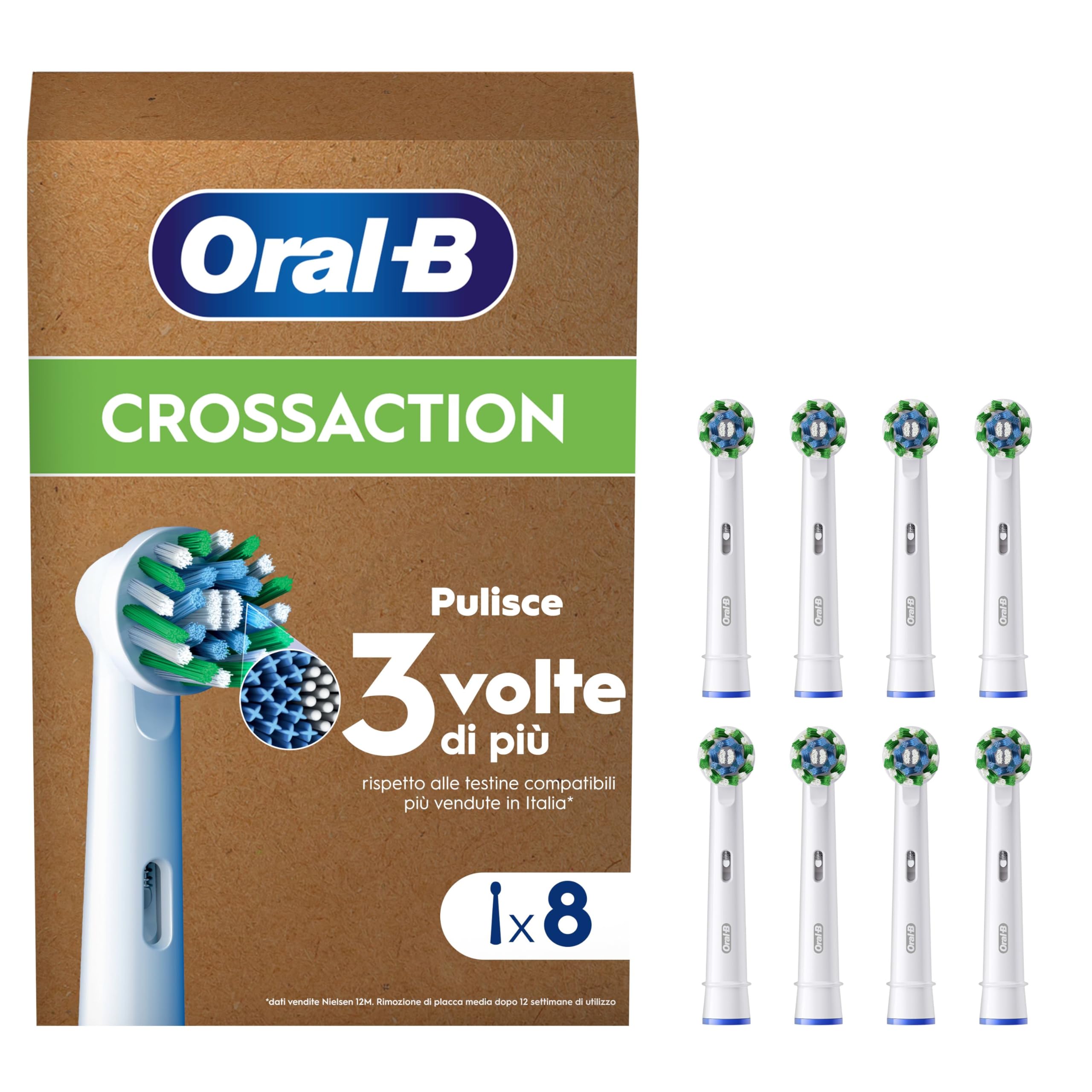 Oral-B Cross Action Testine Spazzolino Elettrico, Confezione da 8 Testine di Ricambio, Setole Angolate che si Adattano a ogni Dente per una Pulizia Profonda, Adatto alla Buca delle Lettere