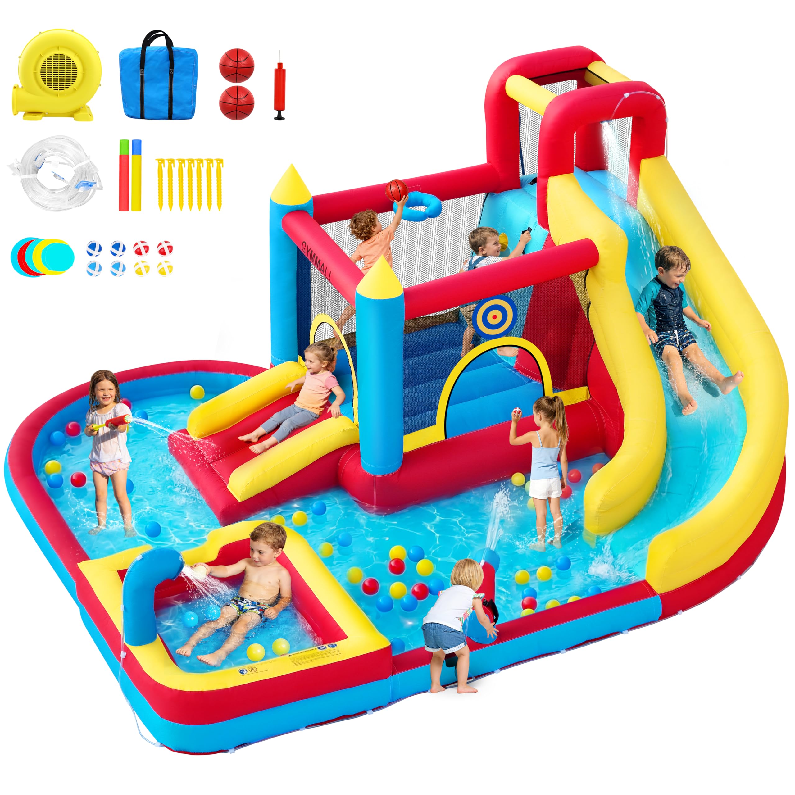 Castillo Hinchable para Niños, 8 en 1 con Soplador 480W, Tobogán Largo, Pared de Escalada, Trampolín y Zona de Chapoteo, Ideal para Uso Interior y Exterior en Vacaciones