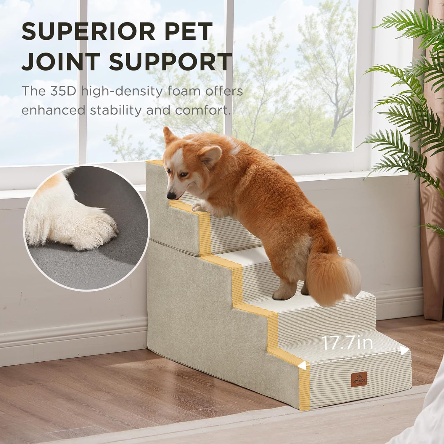 Joydeco Dog Stairs for Bed 25" H, 5-Step Pet Steps for Small Dogs and Cats, Dog Steps for High Bed, Non-Slip Balanced Ramp Indoor Pet Stairs, Beige Beige 5-Step