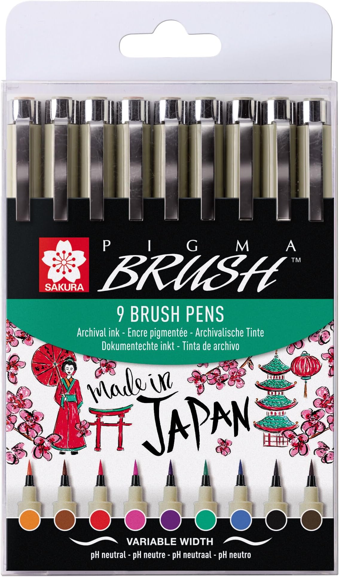 Pigma Brush Set of 9 Colors | Waterproof, Permanent Ink | Brush Markers for Writing, Drawing & Journaling