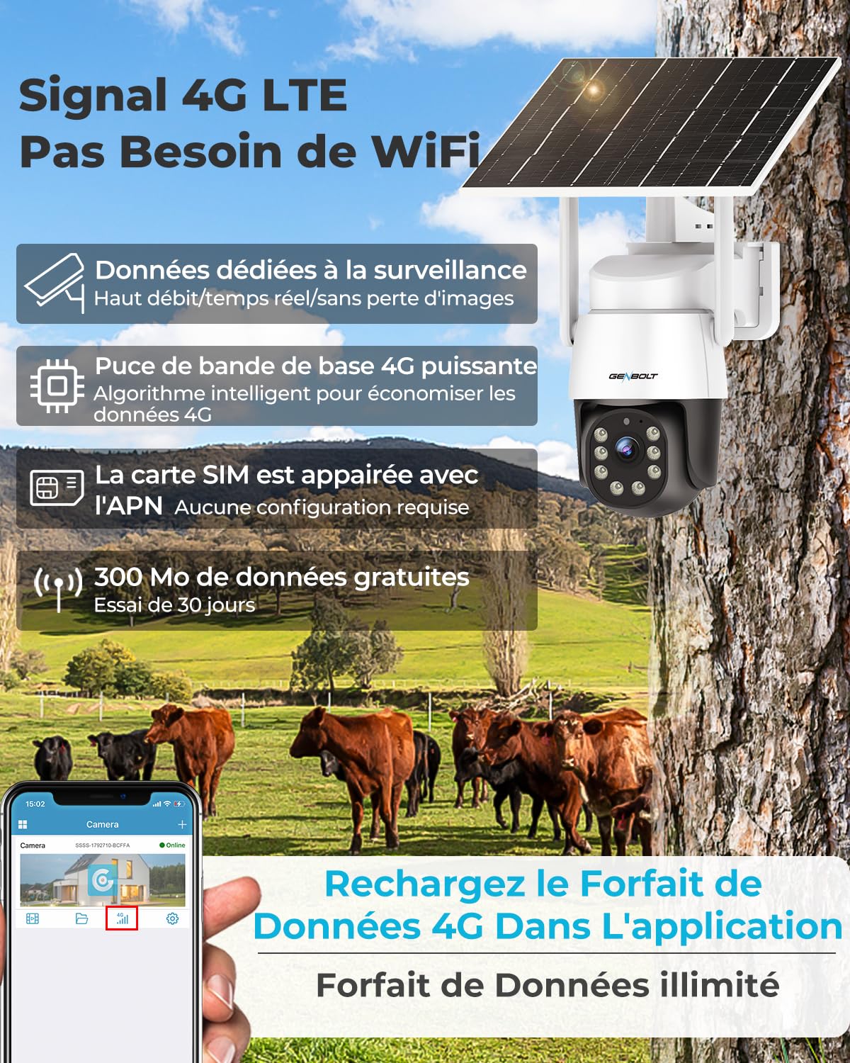 GENBOLT 4G LTE AOV Solaire Caméra De Surveillance Extérieur sans Fil