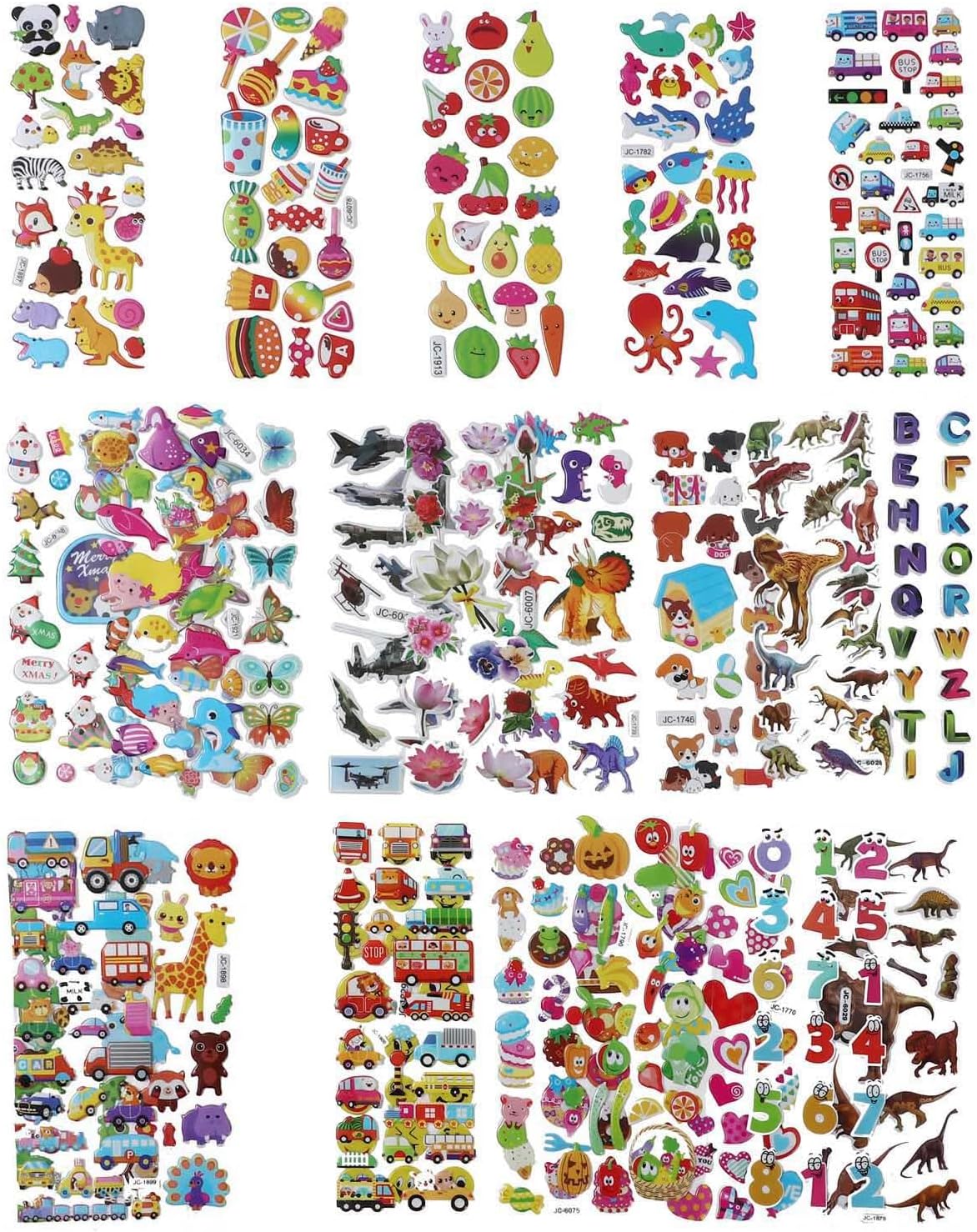 FNGEEN Puffy Stickers for Kids Toddlers, Small Children Sticker Pack, 24 Sheets 3D Sticker Bulk, Mini Party Favor Party Bag Filler Kid Boy Girl (Dinosaur Car Animal Dog Flower Heart Number Food Truck)