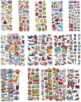 24 Sheets 3D Puffy Stickers for Kids Toddlers Bulk, Small Children Party Bag Sticker Variety Pack for Preschool Teacher, Boy Girl Rewards Crafts Scrapbooking Gifts Dinosaur Animal Car Flower Heart