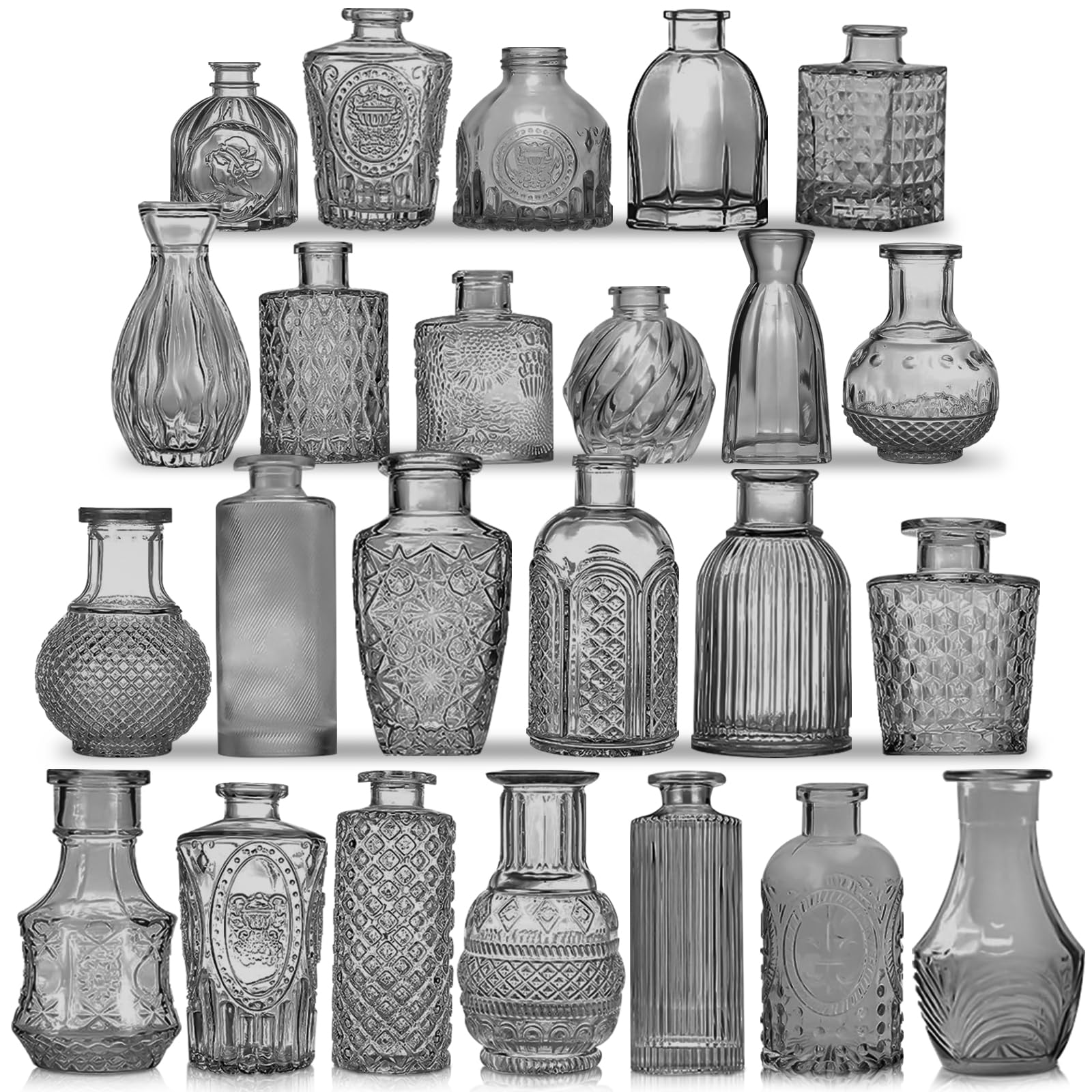 KOIUEYW Dark Gray Bud Vases Set, 24 Pcs Vintage Small Vases for Flowers, Clear Crystal Mini Glasses in Bulk, Small Flower Design for Centerpieces