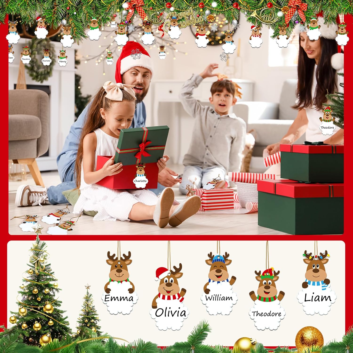 Ctosree 48 Pcs Christmas Name Tags Bulk Reindeer Paper Name Signs Ornaments Christmas Tree Hanging Decor Gift Tags with Golden Rope for Home Xmas Holiday School Activities Party - Image 6