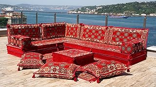 Red L Shaped Corner Arabic Sofa Seating, Arabic Majlis, Sectional Sofas, Moroccan Livingroom Home Decor, Turkish Floor Sofas (L Sofa Only)
