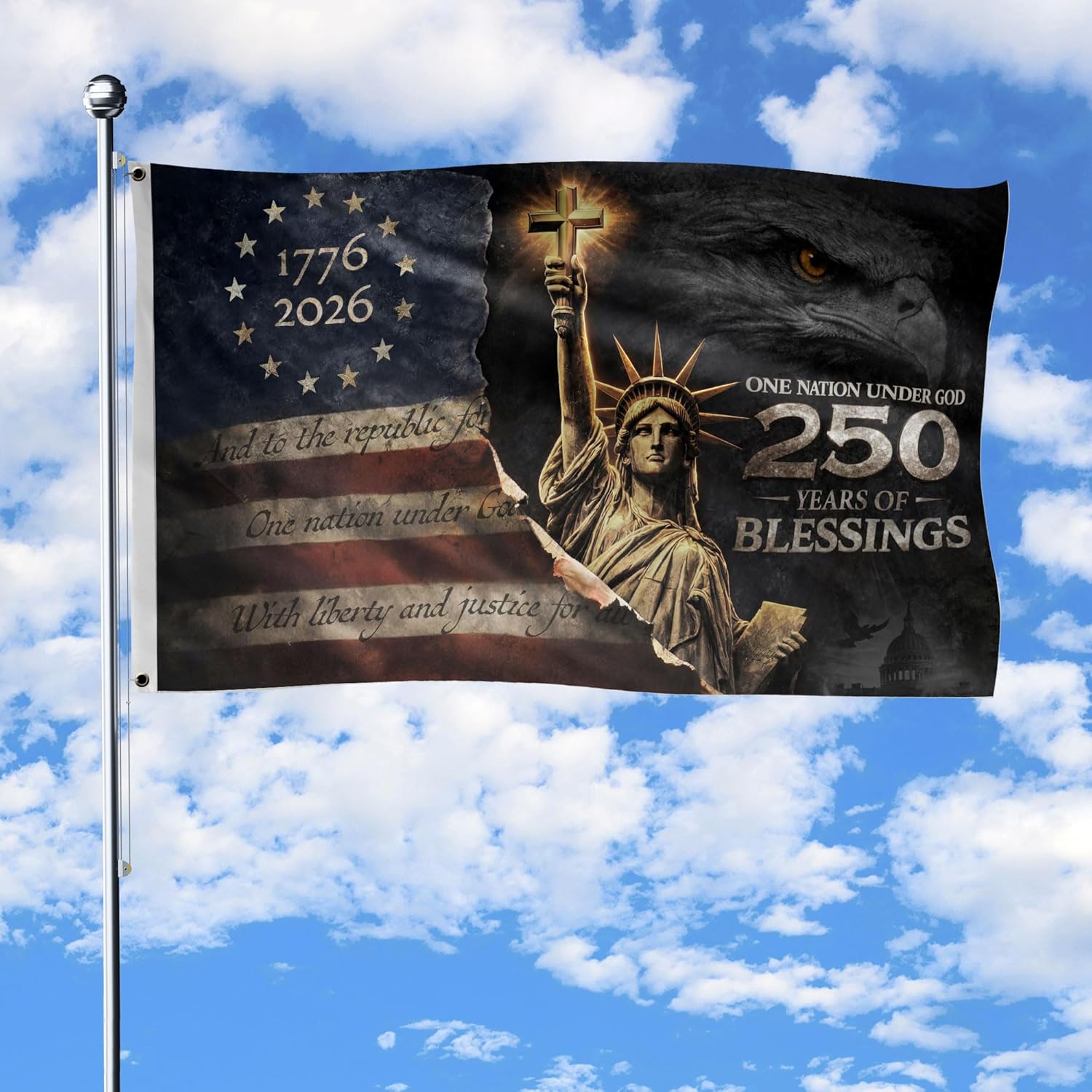 Christian Patriot American Flags, One Nation Under God Flag With Brass Grommets, 250 Years Of Blessings Flag 3x5 Ft, Patriotic Cross Design Decor House, Double-sided Printing, 1776-2026 Commemorative Banner 2