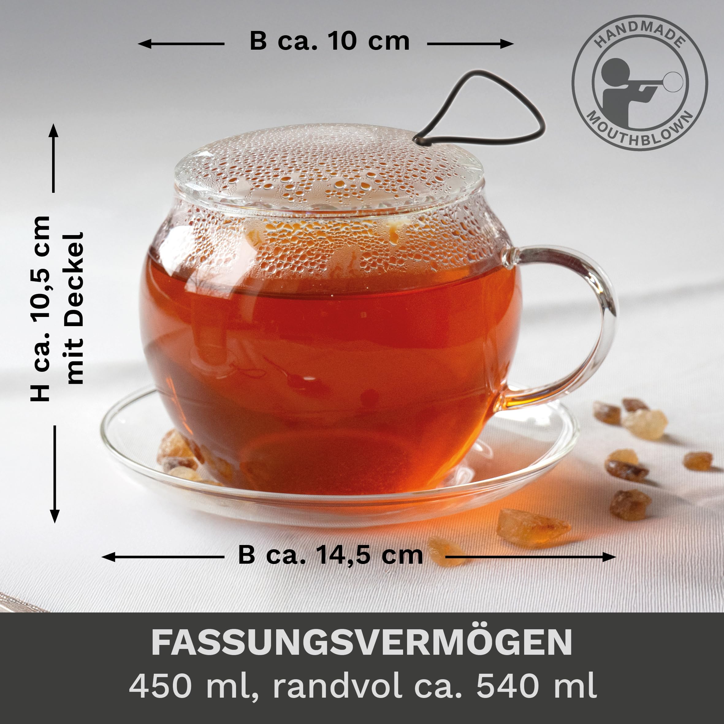 Creano JUMBO Tee-Tasse XXL mit Henkel und integriertem Edelstahlsieb, Glas-Deckel und Untertasse | 450ml