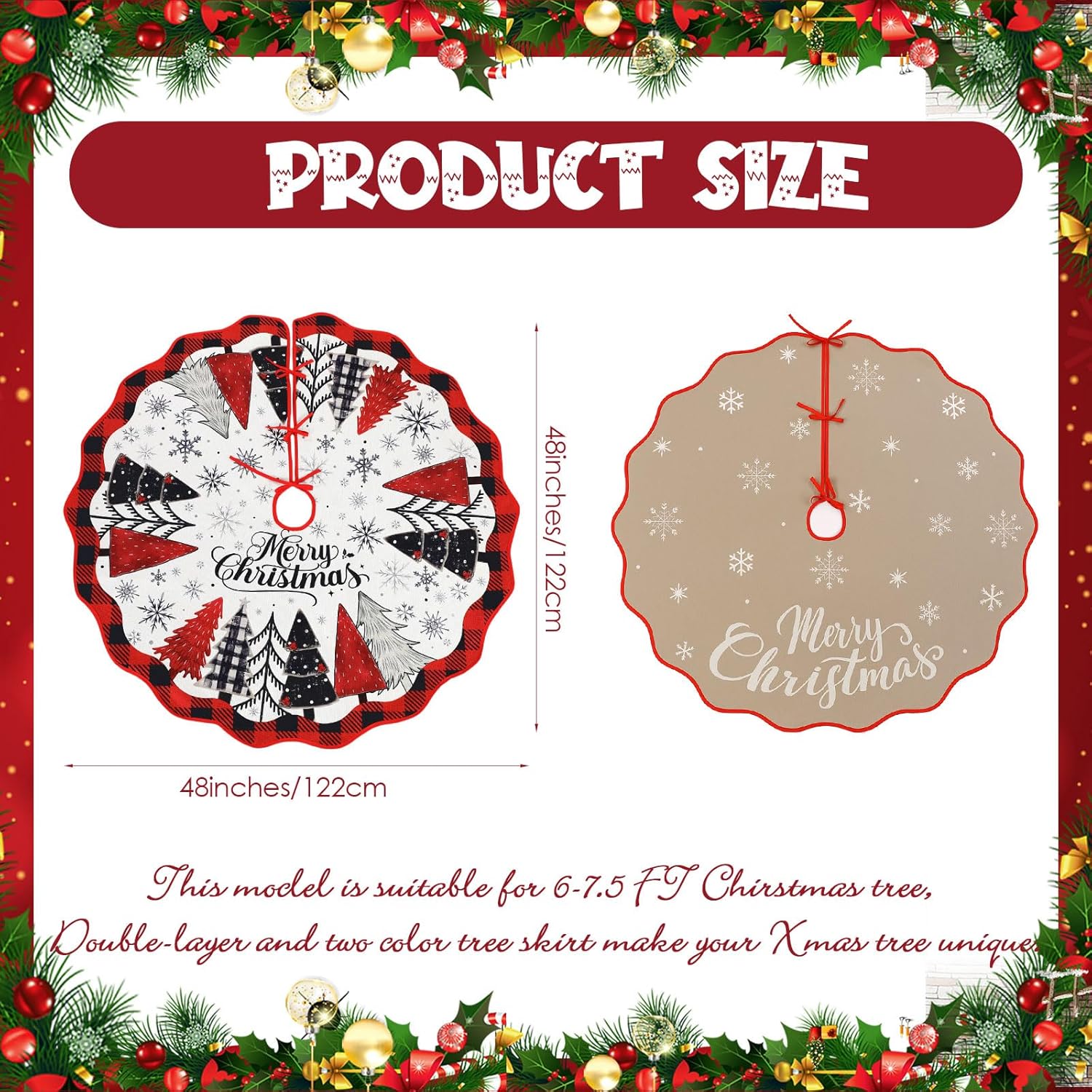 Christmas Tree Skirt 48 Inch Burlap Red Black Buffalo Plaid Xmas Tree Skirt for 6ft to 7.5ft Double Sided Design for Winter Holiday Indoor Outdoor Decorations(Merry Christmas)