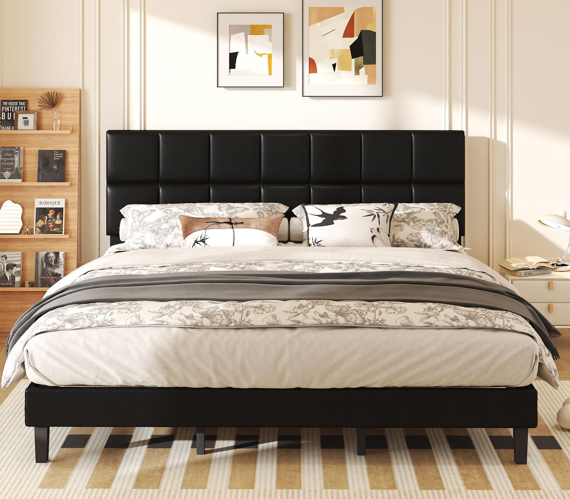 SUNLEI King Bed Frame with Headboard, Leather Upholstered Bedframe with Tufted Headboard Design, Easy Assembly, No Box Spring Needed, Black