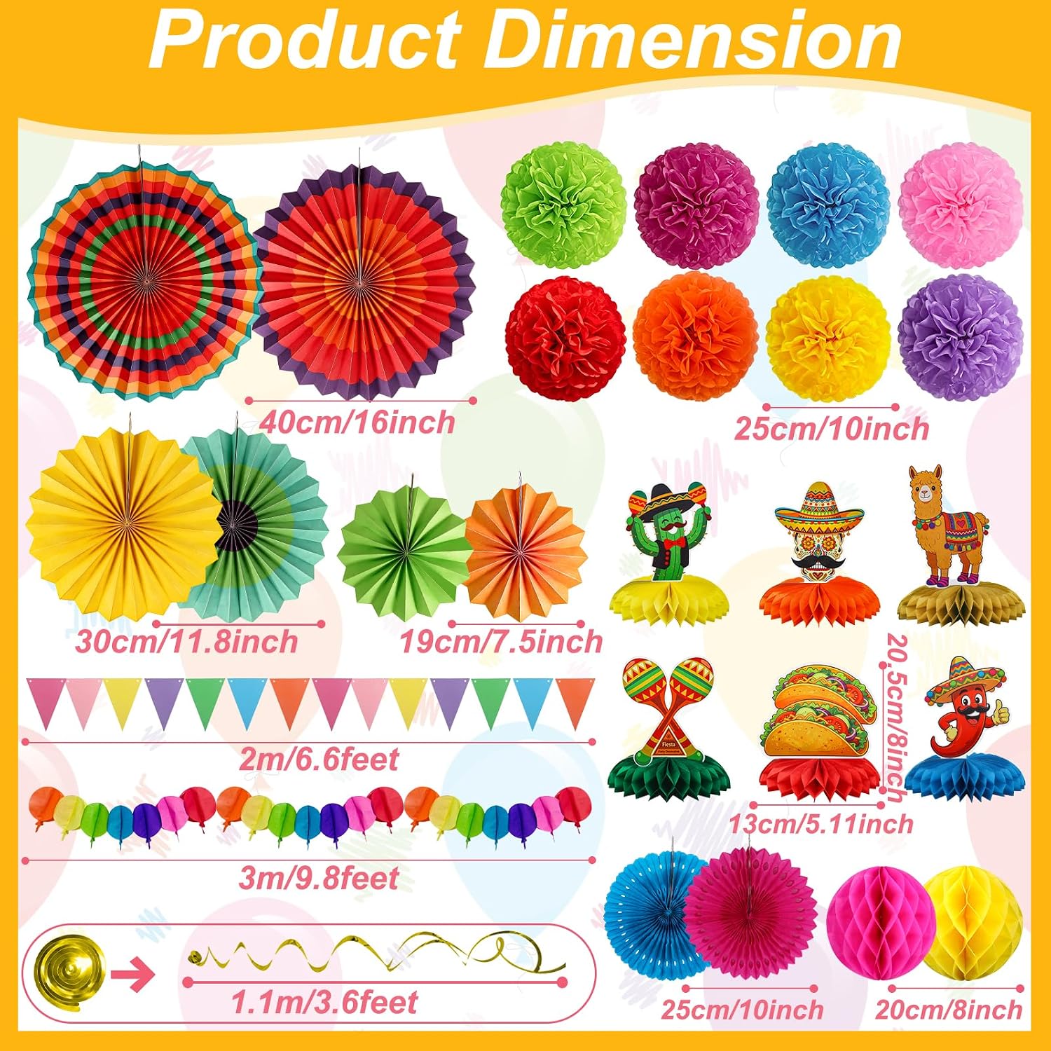 Mexican Party Decorations 38PCS Paper Fans Pom Poms Honeycomb Centerpieces