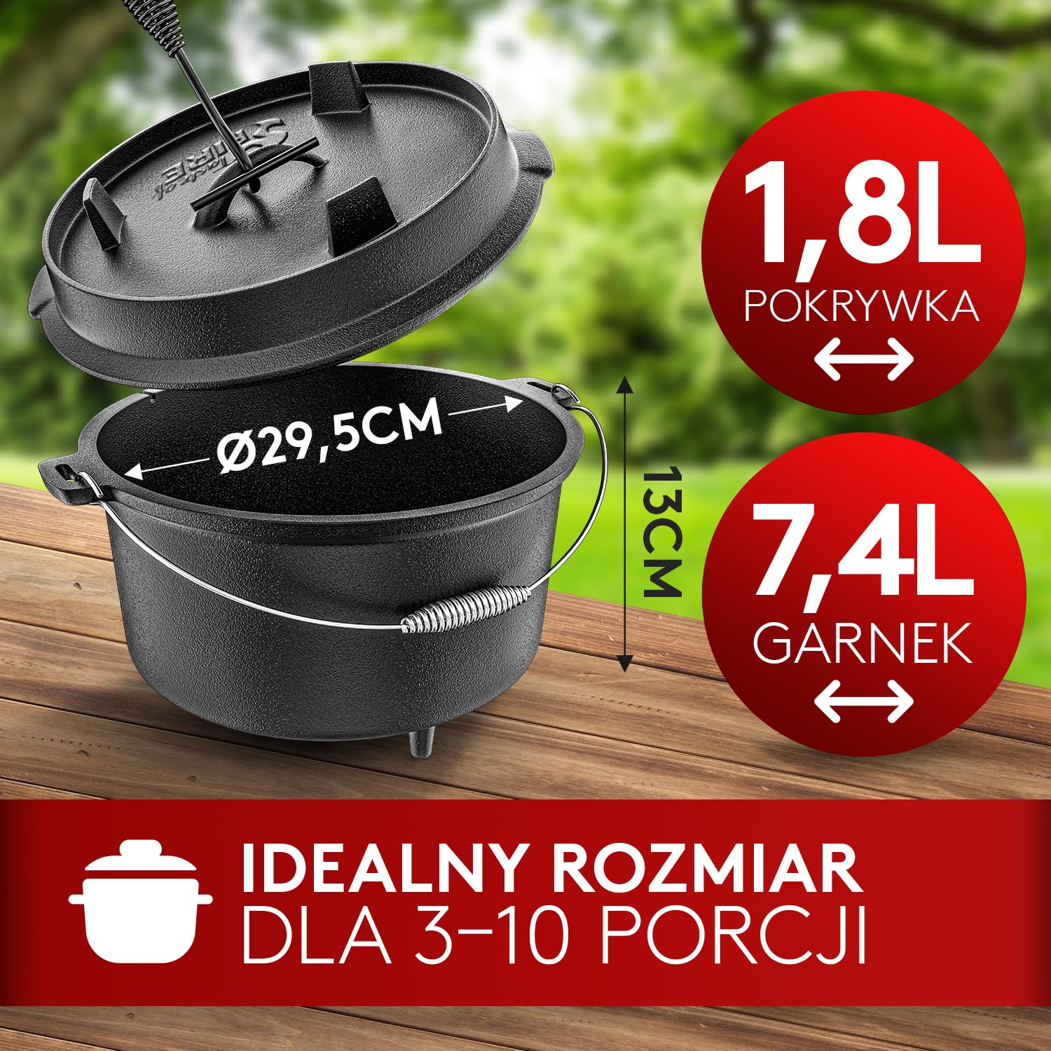 Taste of Fire [Oryginał] - Zestaw Kociołka Żeliwnego Dutch Oven 7,4L z Nóżkami i Pokrywą 1,8L o Podwójnej Funkcji jako Patelnia Grillowa – w zestawie Podnośnik do Pokrywy