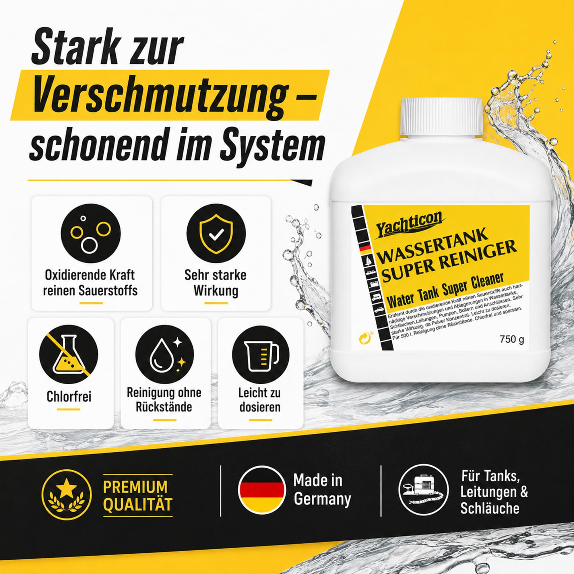Wassertank Reiniger Wohnmobil 750 g – chlorfreier Wassertank Super Reiniger für Frischwassertank, Leitungen & Boiler | entfernt Ablagerungen & Verschmutzungen in Camping, Caravan & Boot