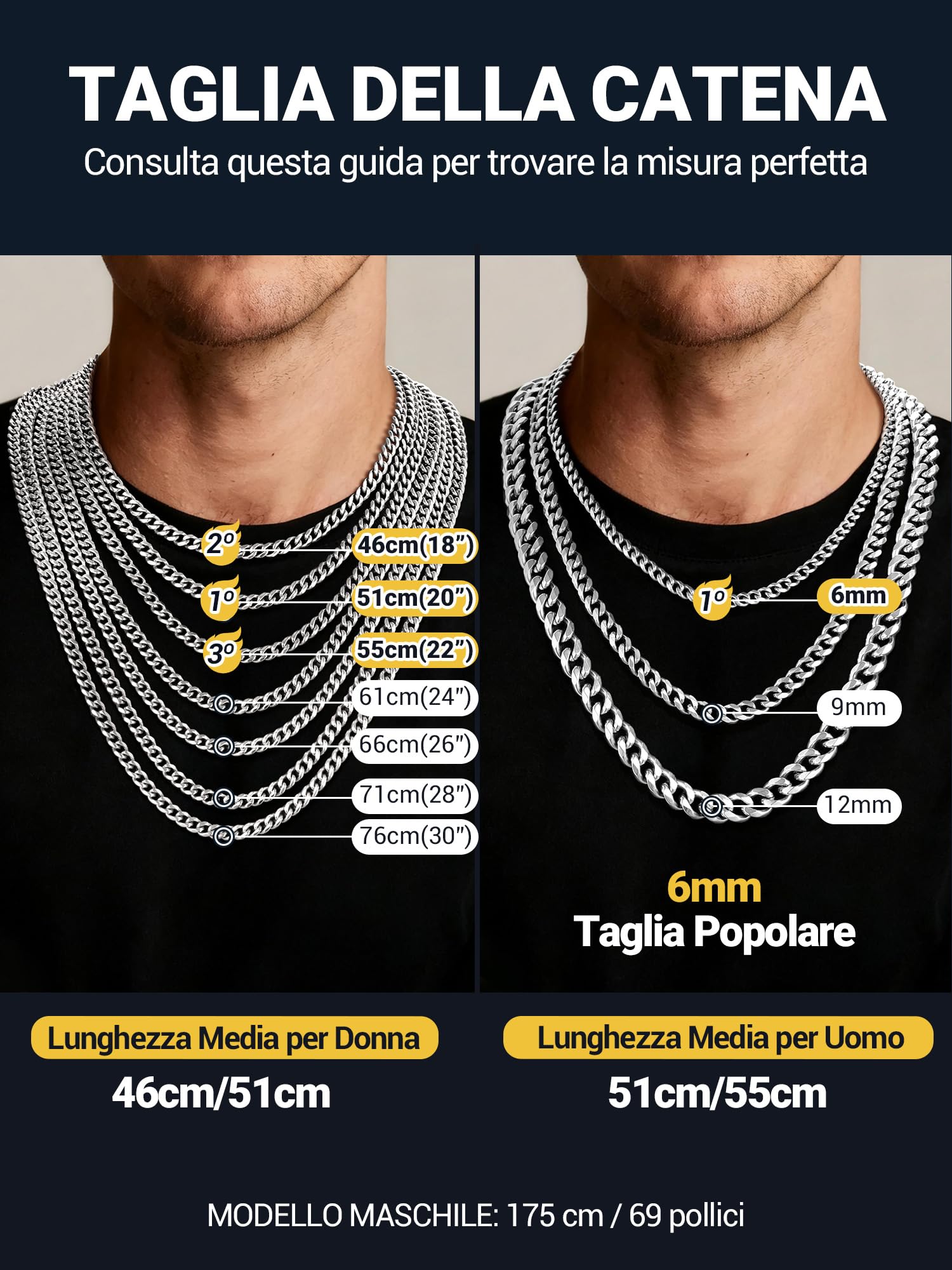 PROSTEEL Collana Argento Uomo， Catena Cubana Miami, 6/9/12MM Larghezza Collane Uomo Acciaio Inox, Impermeabile, Regalo Compleanno, 45-75CM, Punk Hiphop