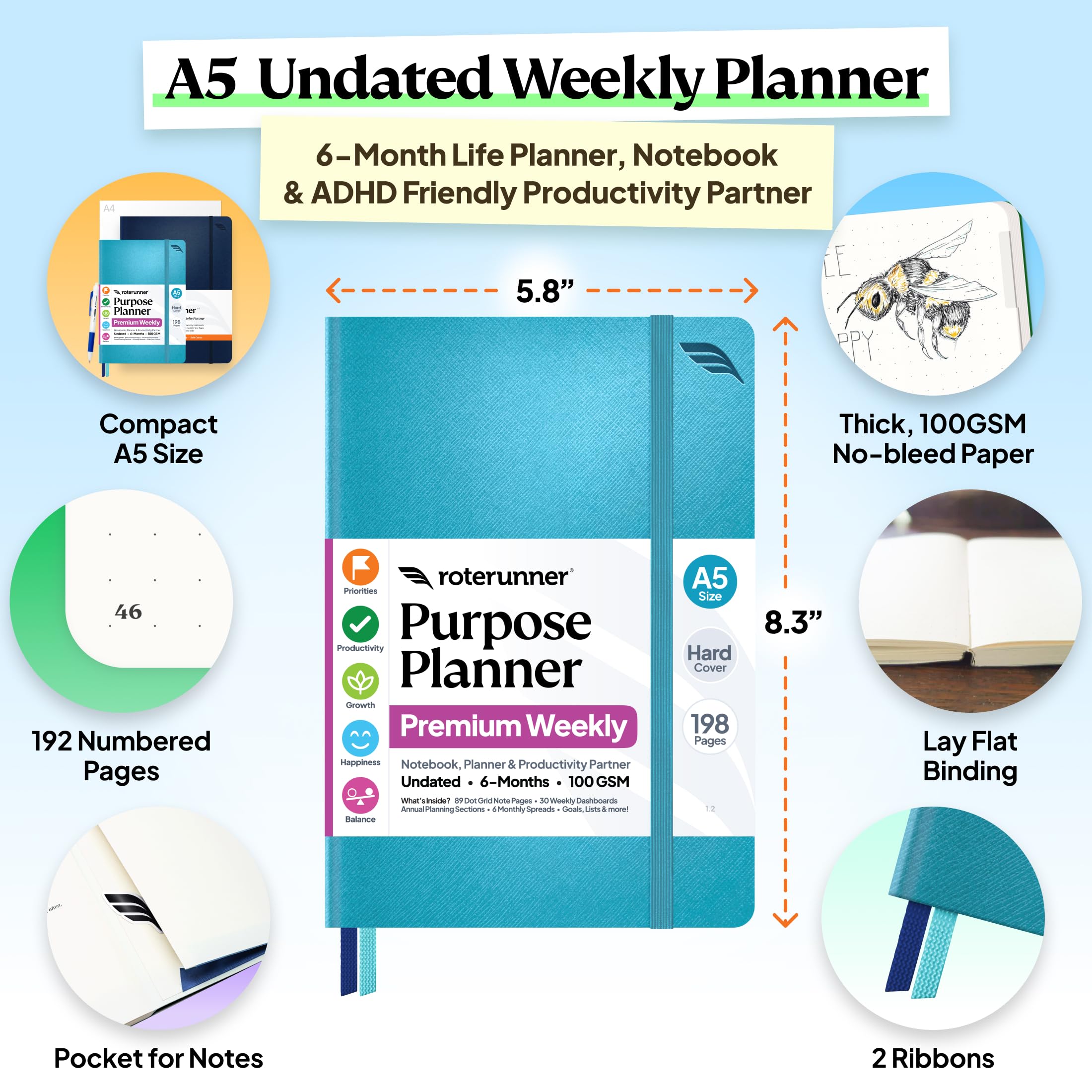 Roterunner Purpose Planner Notebook A5 5.8”x8.3” Undated 2026 Daily Weekly and Monthly Productivity Goal Setting Tool for Work Home ADHD Planner for Adults Self Care Journal (Teal Hardcover)