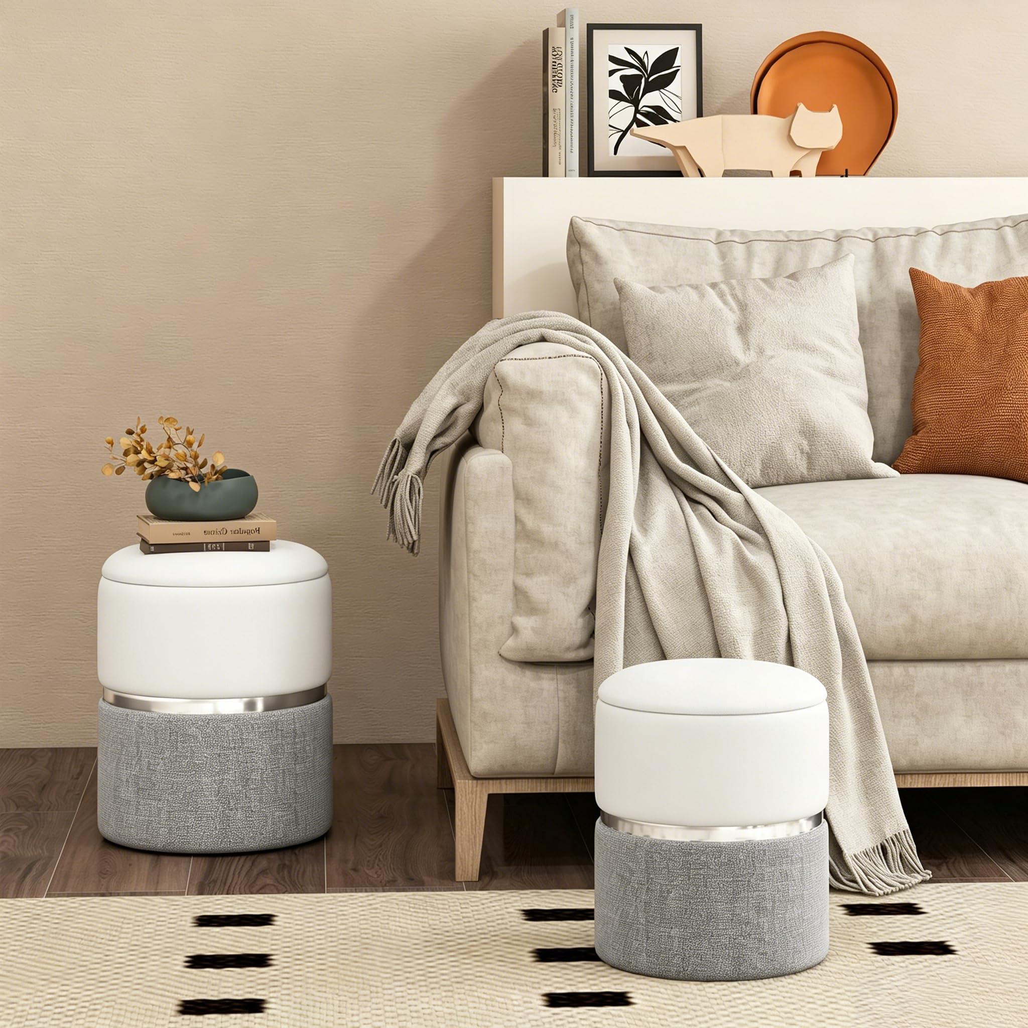 HOMASIS 2er Set Hocker mit Stauraum, Samt Sitzhocker rund, Polsterhocker aus Leinen, gepolsterter Schminkhocker Fußhocker mit abnehmbarem Deckel für Schminktisch, Wohnzimmer, Schlafzimmer (Grau)