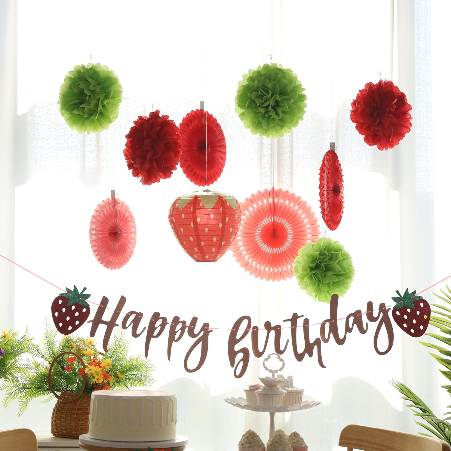 Strawberry Birthday Decorations, Strawberry First Birthday Decor with Strawberry Lantern, Red Pink White Paper Fans Hanging Decorations, Strawberry Baby Shower Decorations - Image 6