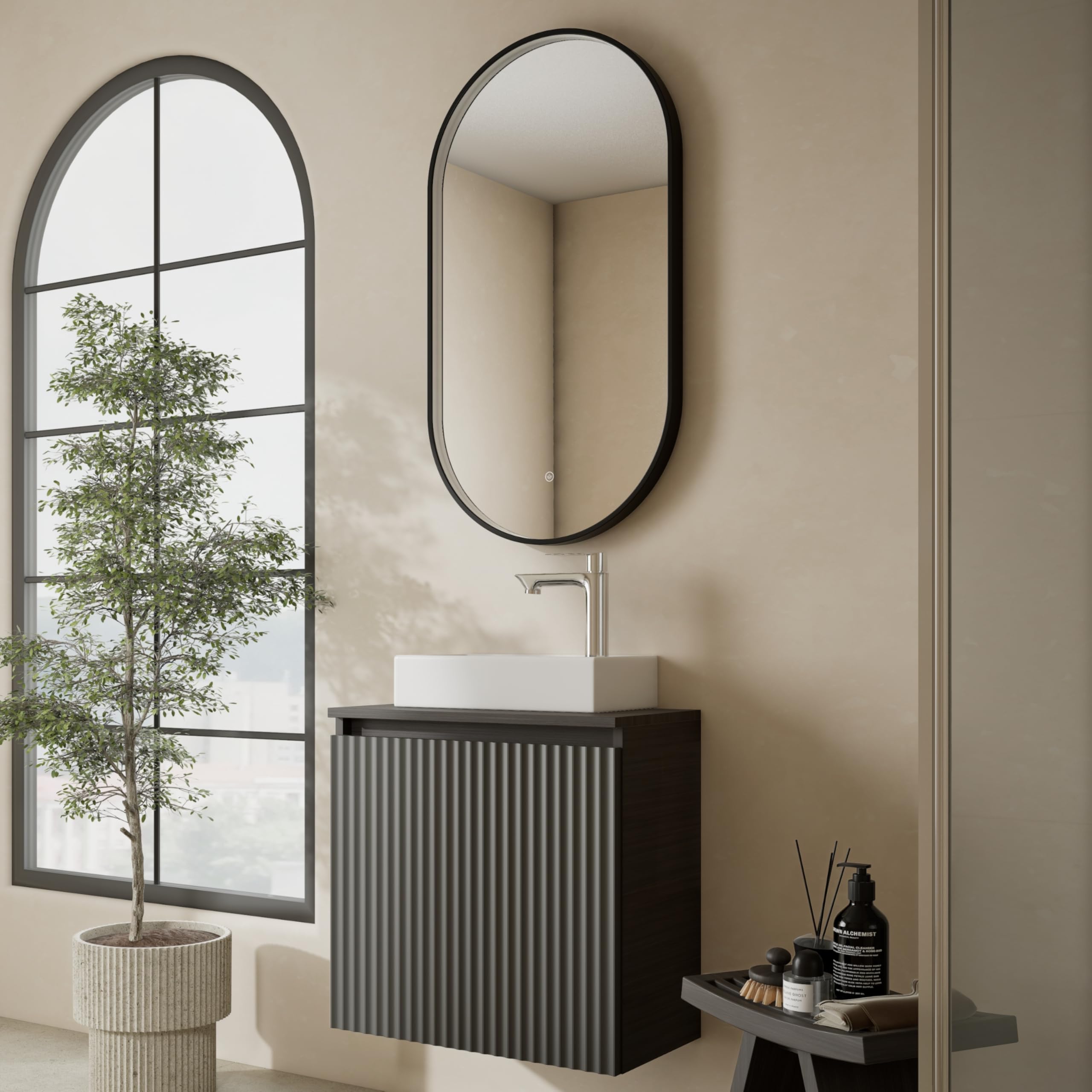 Planetmöbel Conjunto de muebles de baño Lavabo con mueble bajo 56 x 55 x 30 cm Antracita y roble dorado, espejo de baño con iluminación, 50 x 90 cm, espejo con marco, ovalado, 3 niveles de iluminación