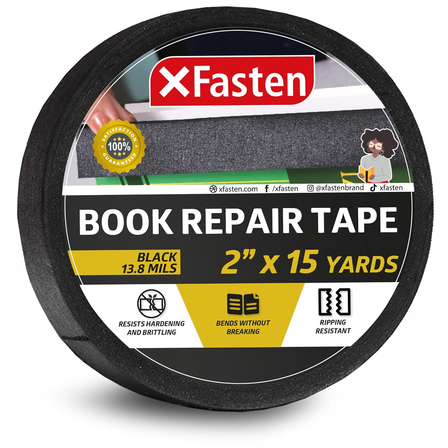 XFasten Book Binding Repair Tape, Black, 2Inch by 15Yard, Cloth