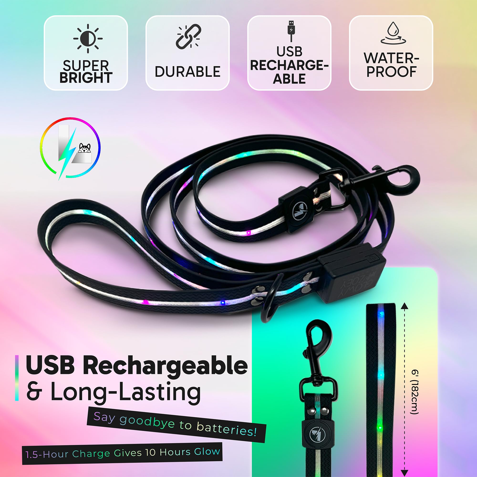 Luminoid LED-Hundeleine, wiederaufladbar über USB, RGB-Farbwechsel, beleuchtete Hundeleine, Hundeleinen machen das Haustier sichtbar und sicher für nächtliche Spaziergänge, 12 animierte Effekte,