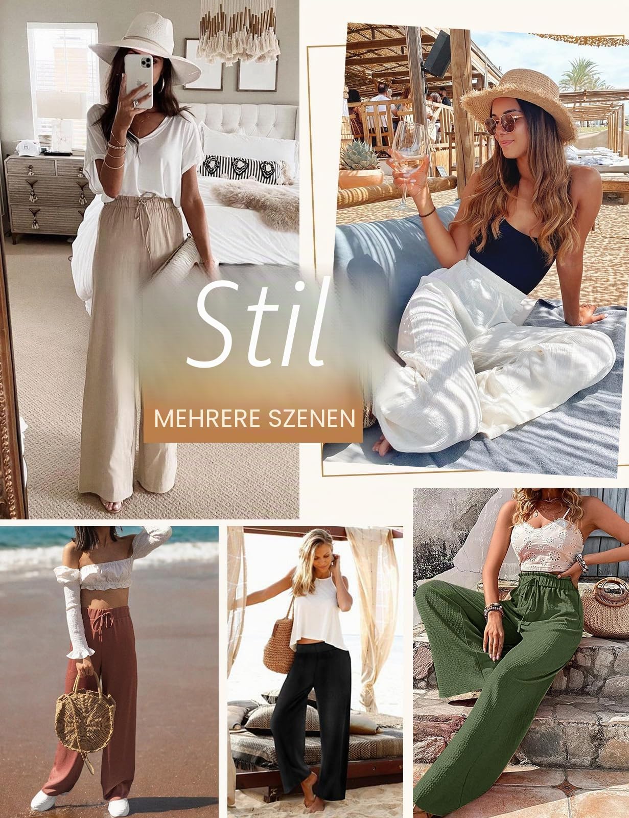 heekpek Leinenhose Damen Sommerhose Leichte Luftige Baumwolle Leinen Weites Bein Hose Sommer Loose Lang Freizeithose Elastisch Hohe Taille Bequeme Stoffhose Elegante Strandhose