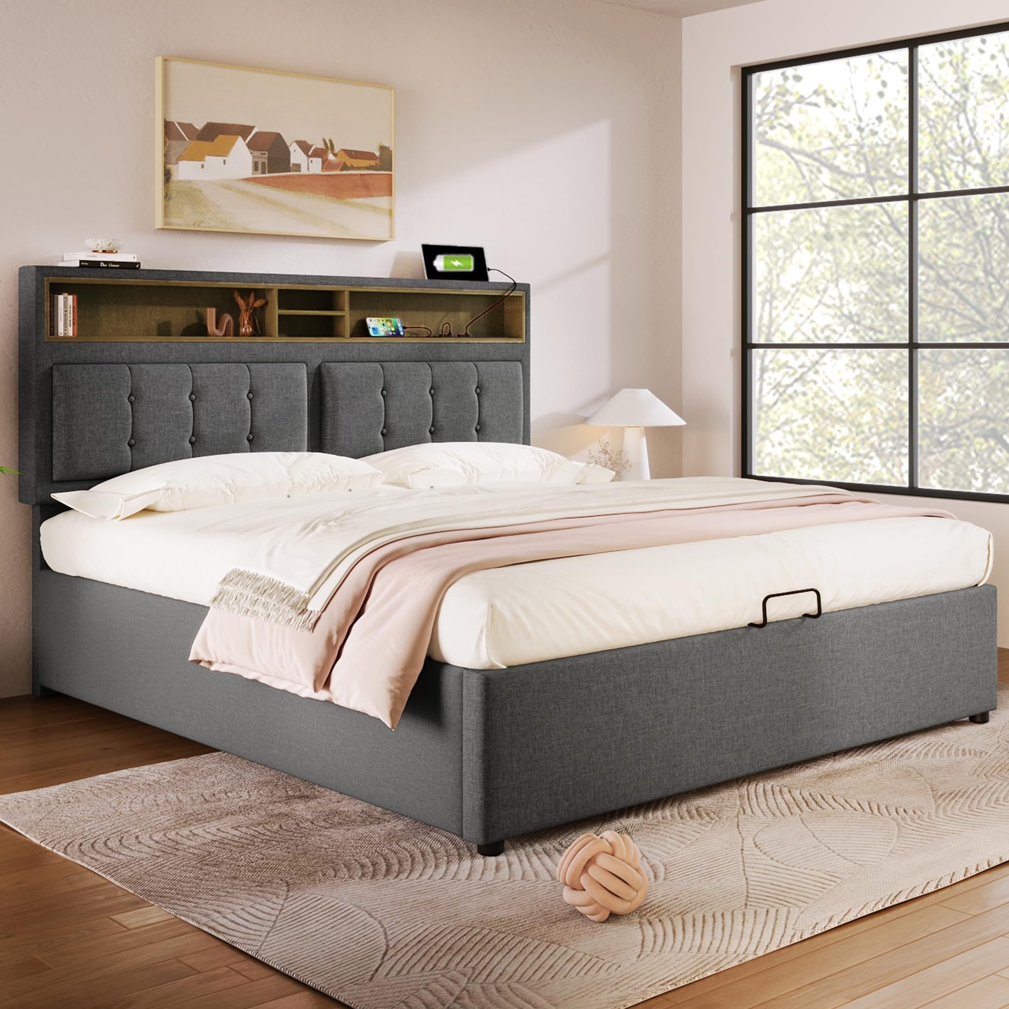 Kehun Polsterbett Doppelbett 140x200, Stauraumbett mit Kopfteil-USB C und Stauraum, Hydraulisches Bett Bettgestell mit Lattenrost aus Holz und Bettkasten, Leinen, Grau, Ohne Matratze
