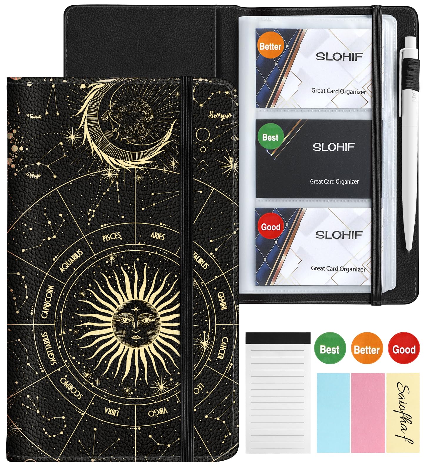 Slohif Business Card Book Holder Organizer - Black Moon Sun Print Leather Books Binder Holds 240 Cards Credit Gifts Card With Sticky Notes Graded