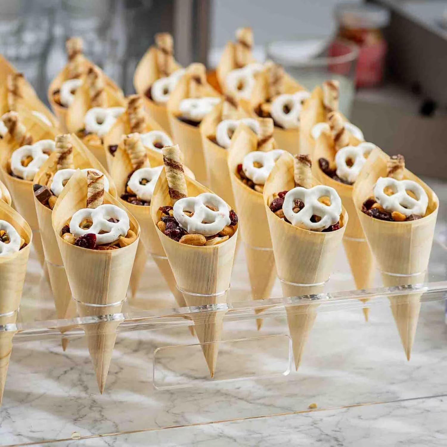 TableCraft 12817 Clear Acrylic Cone Holder, Display Cone Holder for Appetizers and Desserts, Holds 25 Cones, Square Countertop Organizer, 15.75 x 15.75 x 3.5 in, Transparent