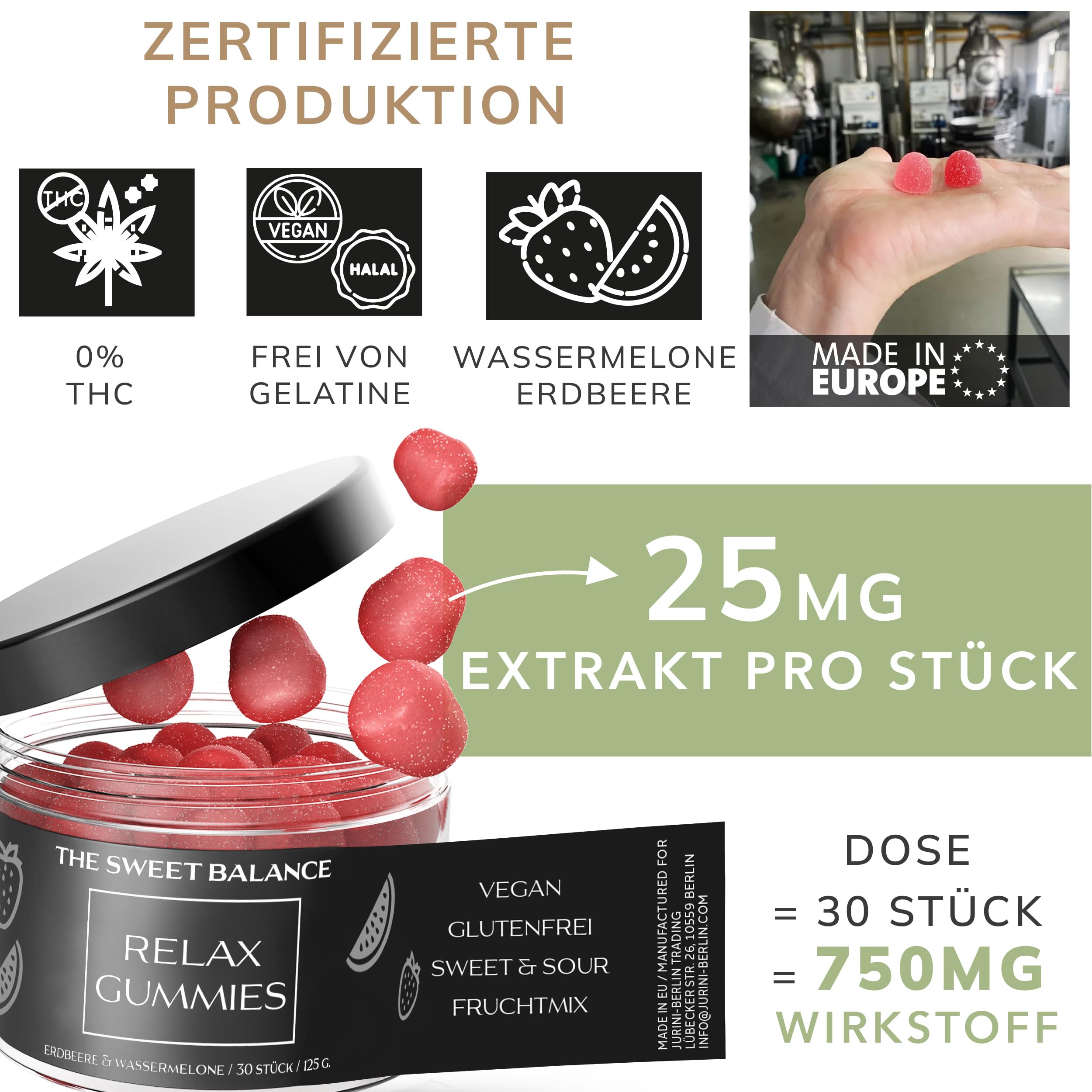 THE SWEET BALANCE - Vegane Fruchtgummis/Nahrungsergänzung für Entspannung RELAX GUMMIES 25mg - Dose mit 30 Stück als Vorrat oder zum Verschenken - für Erwachsene (5)