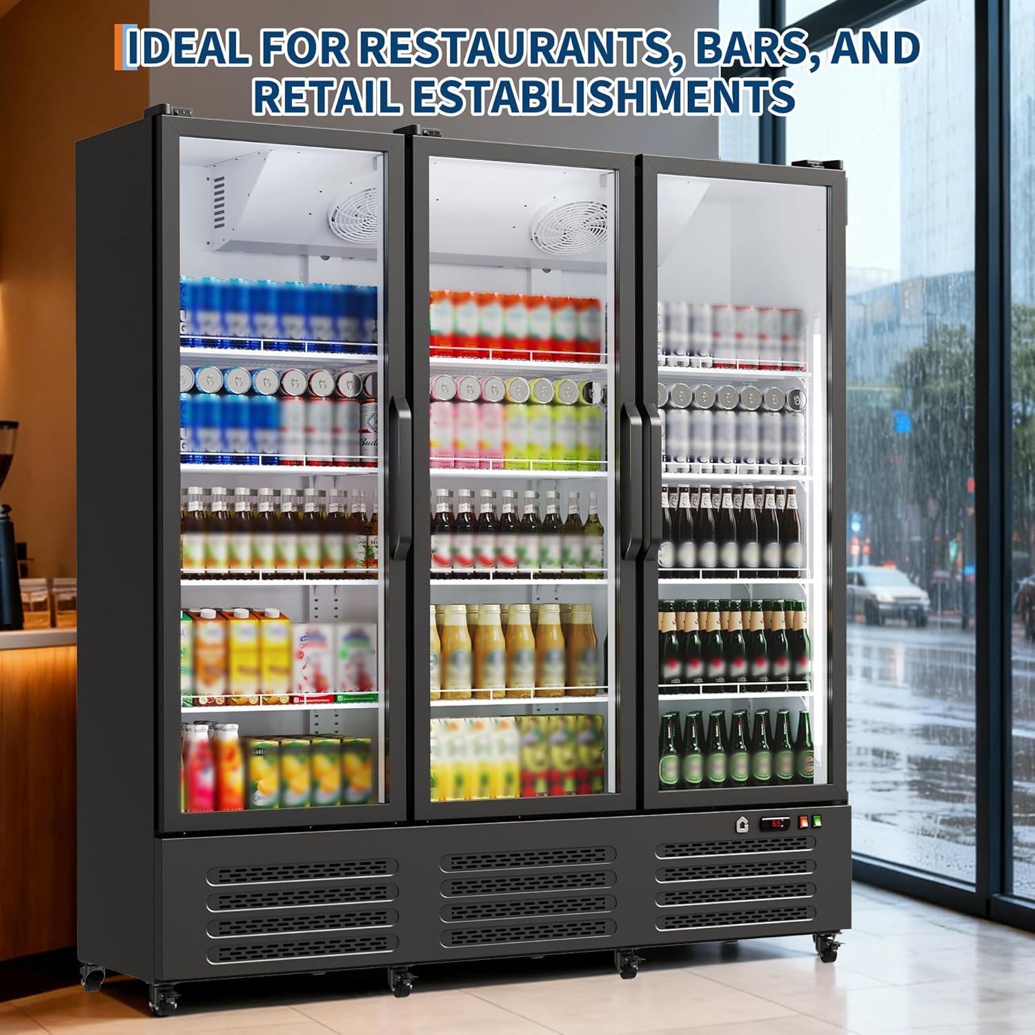 Commercial Refrigerator, Three Glass Door Display Beverage Fridge, 40 Cu Ft Upright Beverage Cooler Merchandiser with Soft LED Light, Adjustable Shelves and Swivel Castors, Fast Cooling