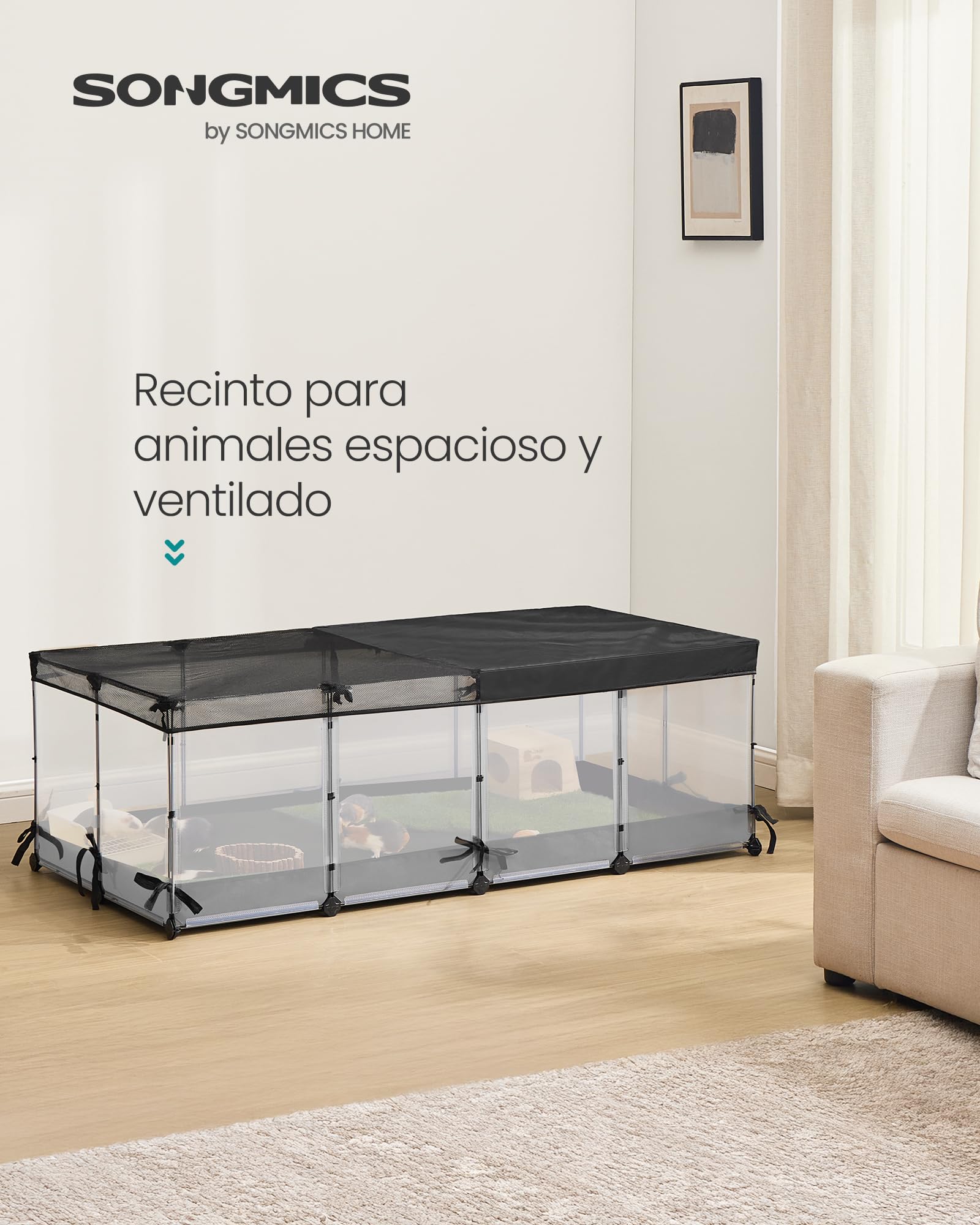 SONGMICS Parque Enclos, Recinto para Pequeños Animales, Paneles Semi-Transparentes, Lona Respirativa, Alfombra Impermeable, para Conejo, Erizo, Cerdo de Indias, Hurón, 144 x 74 x 47 cm, Blanco Nube