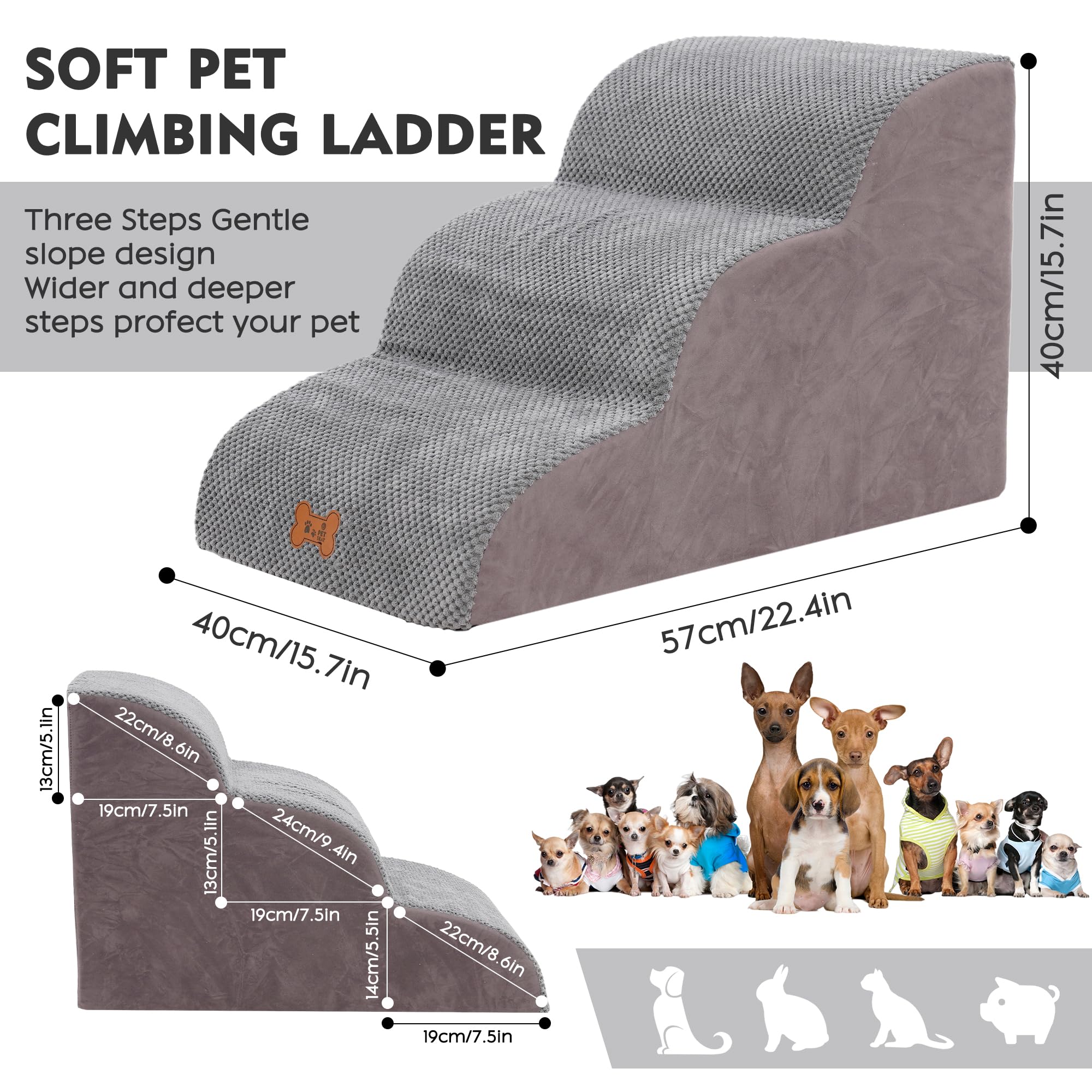 Escalera Perros Pequeños 3 Peldaños, Rampa para Mascotas de Espuma de Alta Densidad, Escalera Antideslizante para Ccachorros, Escalera para Perros para Subir a la Cama Extraíble y Lavable, 57x40x40cm