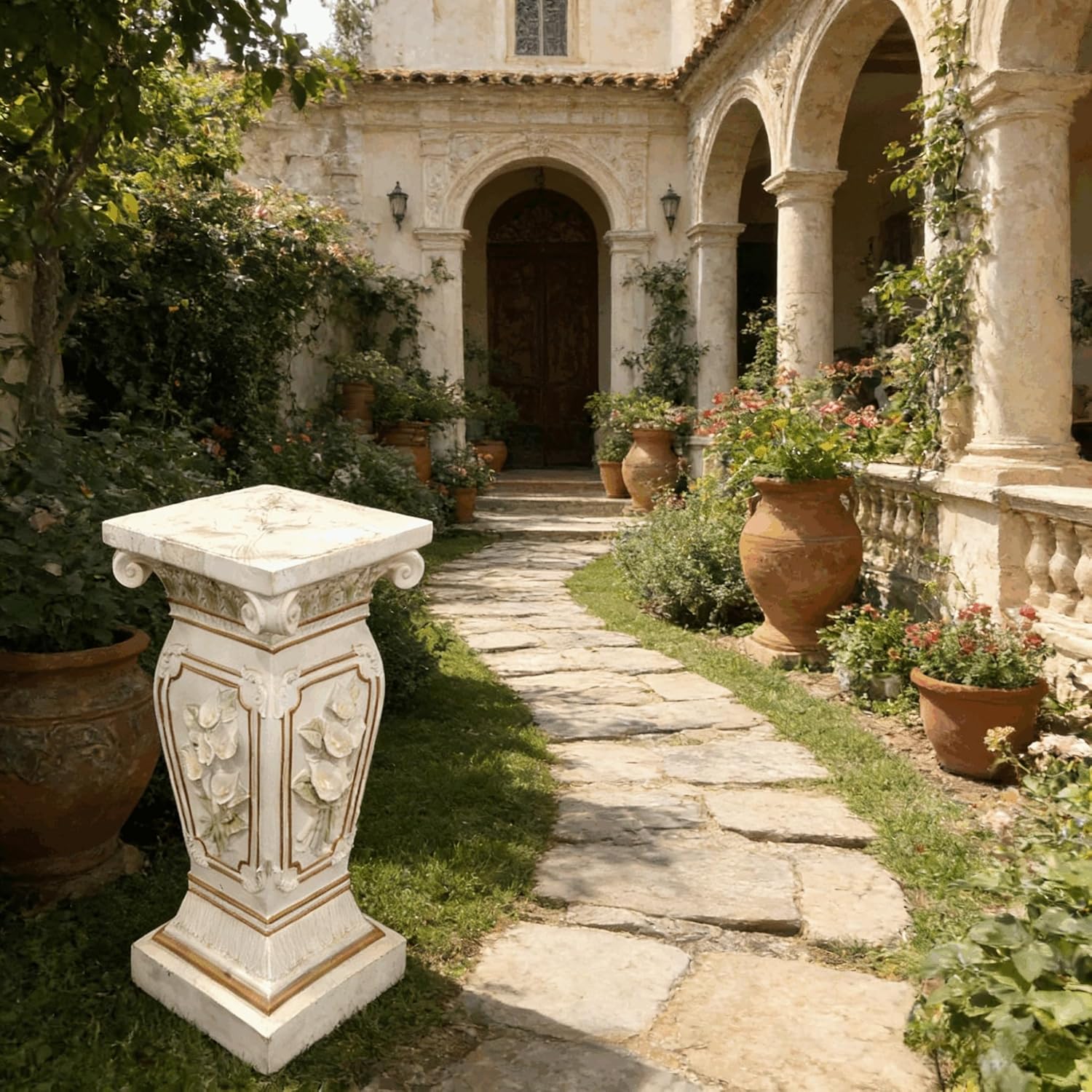 22" Resin Roman Column Pedestal, European Floral Carved Display Stand, Unique Housewarming Gift, Elegant Art Deco for Garden, Wedding Centerpiece, Living Room