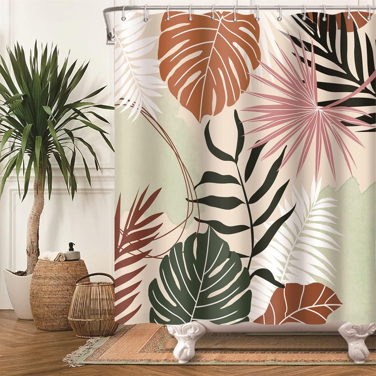 Bovlleetd 71x71inch Abstract Shower Curtain Boho Mid Century Shower Curtains Set Maple Palm Leaf Botanical Bath Art Decor Curtain Geometric Washable Tub Decoration Curtain with Hook