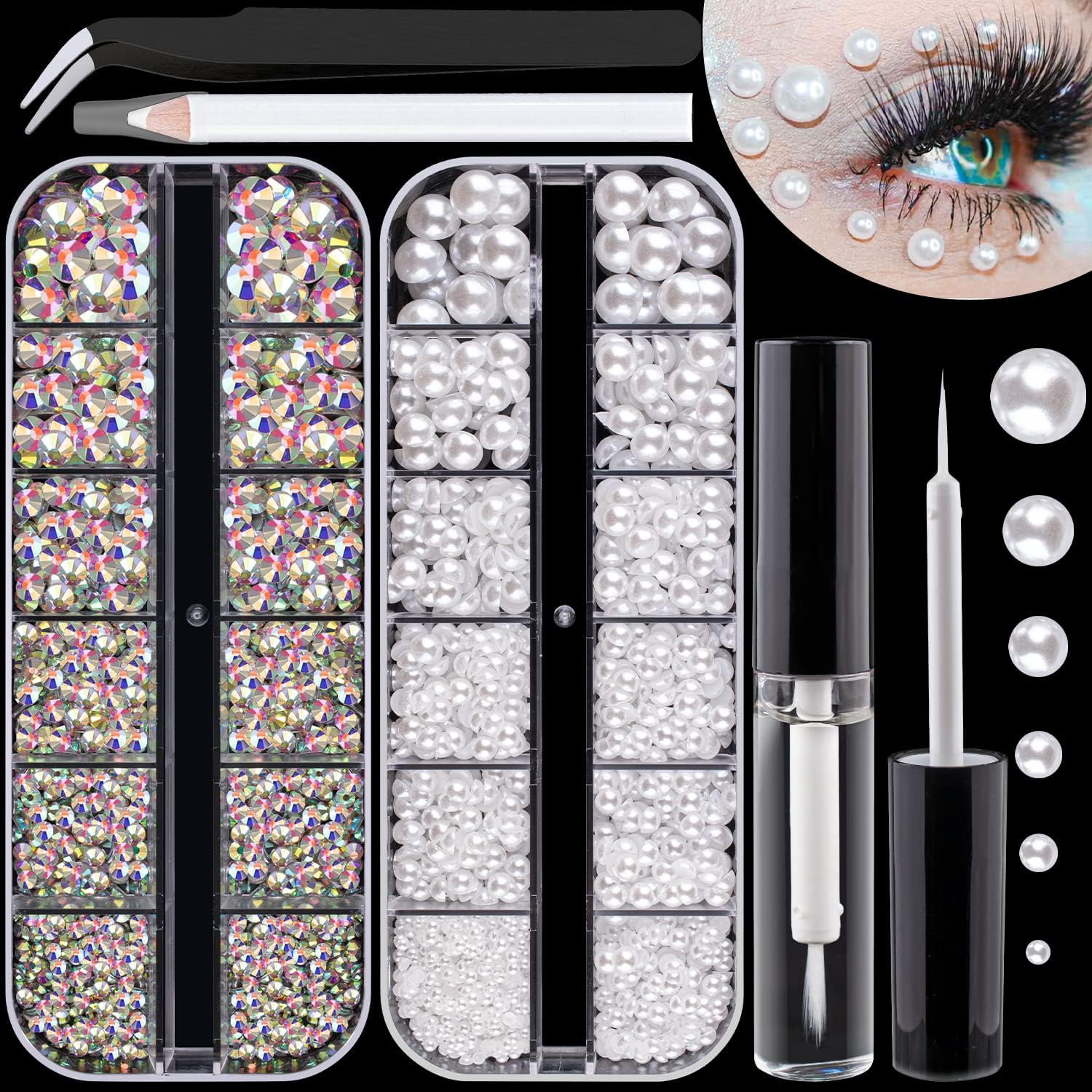 Flat Back Rhinestones&Pearls Kits Round Glass Crystal AB Gems+White Pearls with Quick Dry Makeup Glue+Picker Pencil+Tweezer for Nail Art and Face Eye Body Make-up