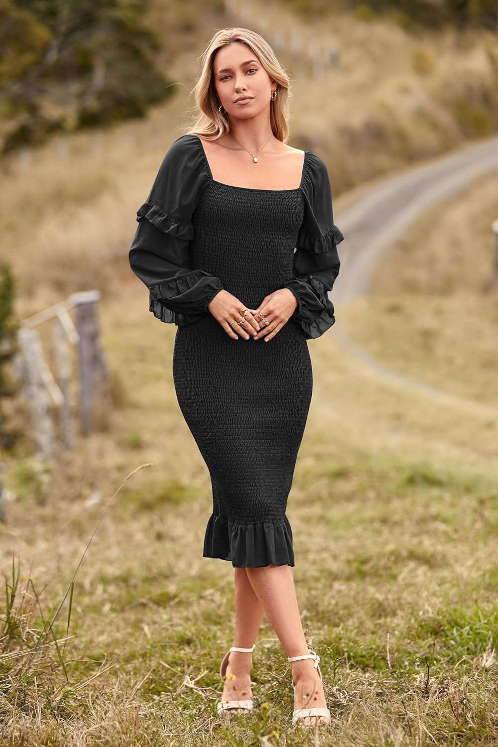 PRETTYGARDEN Women's Long Puff Sleeve Floral Midi Bodycon Dresses Square Neck Ruffle Mermaid Smocked Dress - Image 7