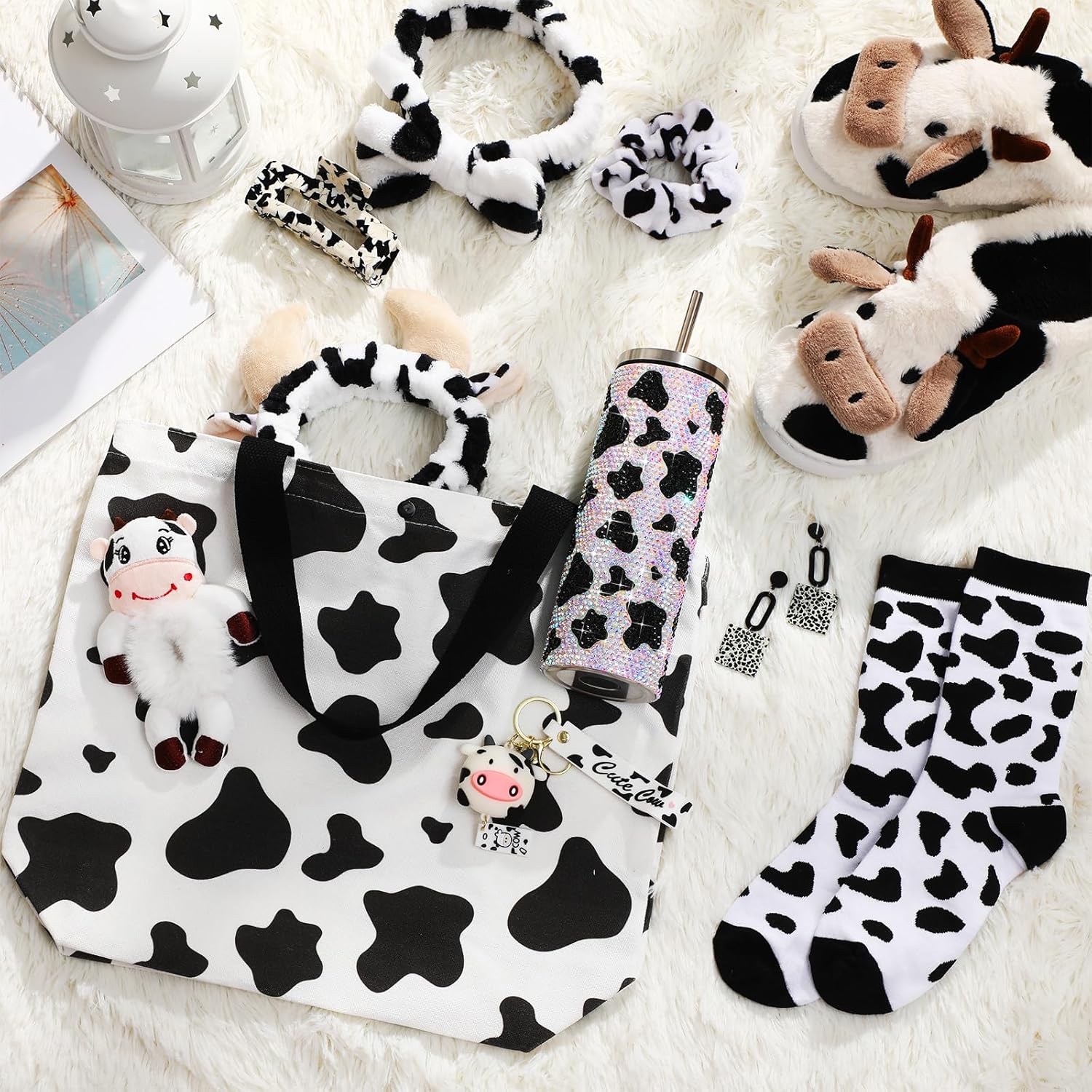 11 Pcs Cow Gifts Sets for Women Tumbler Slippers Socks Earrings Hair Scrunchies Headbands Tote Bag Cow Print Stuff for Graduation Birthday Mother Animal Lover Farm - Image 4
