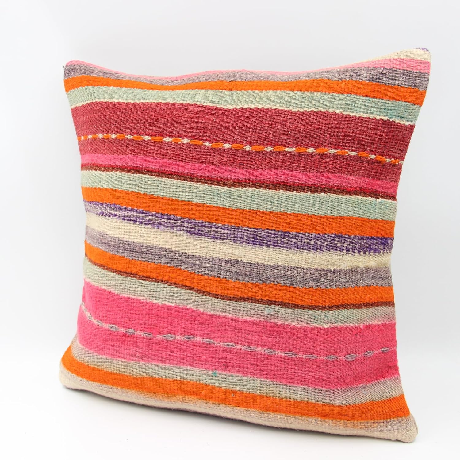Turkish Bohemian Kilim Pillow Cover 16x16 inch Decorative Nomadic Boho Design Oriental Accent Vintage kelim Interior Design Retro Anatolian Natural Dye Cushion Cover M3434
