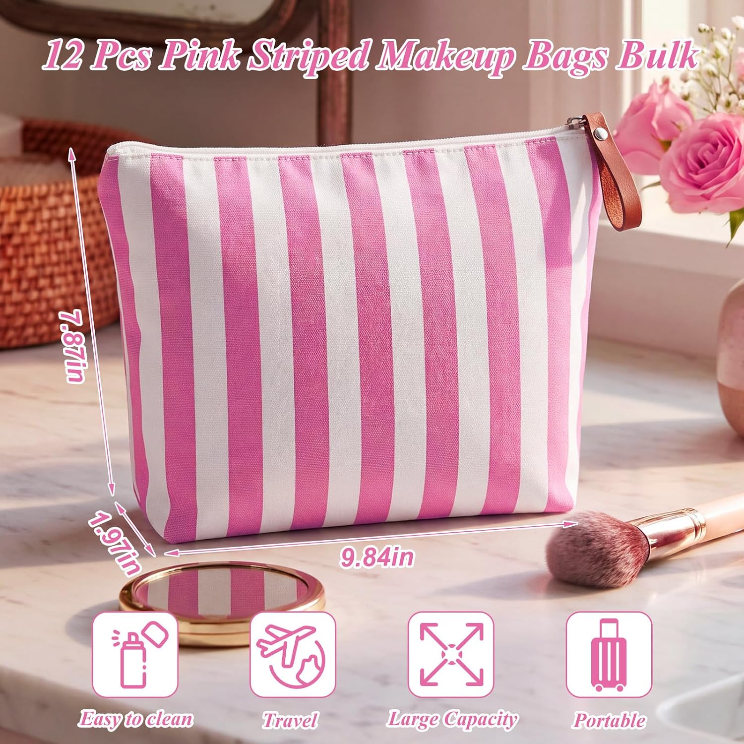 Hillban 12 Pcs Pink Striped Makeup Bags Bulk Canvas Cosmetic Bag Beach Themed Gifts Travel Toiletry Organizer Zipper Pouch Bags for Women Bridesmaids Party Favors