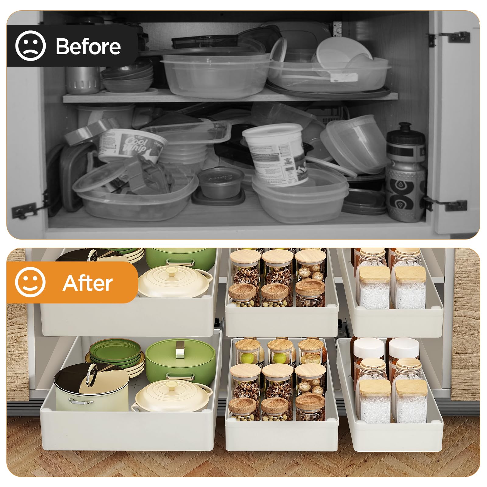 Cozary Cajones Extraíbles para Cocina con Guías Silenciosas – 3 Tamaños Modulares (13/18/27x40x7 cm), Instalación Sin Daños para Armario/Cocina/Dispensa