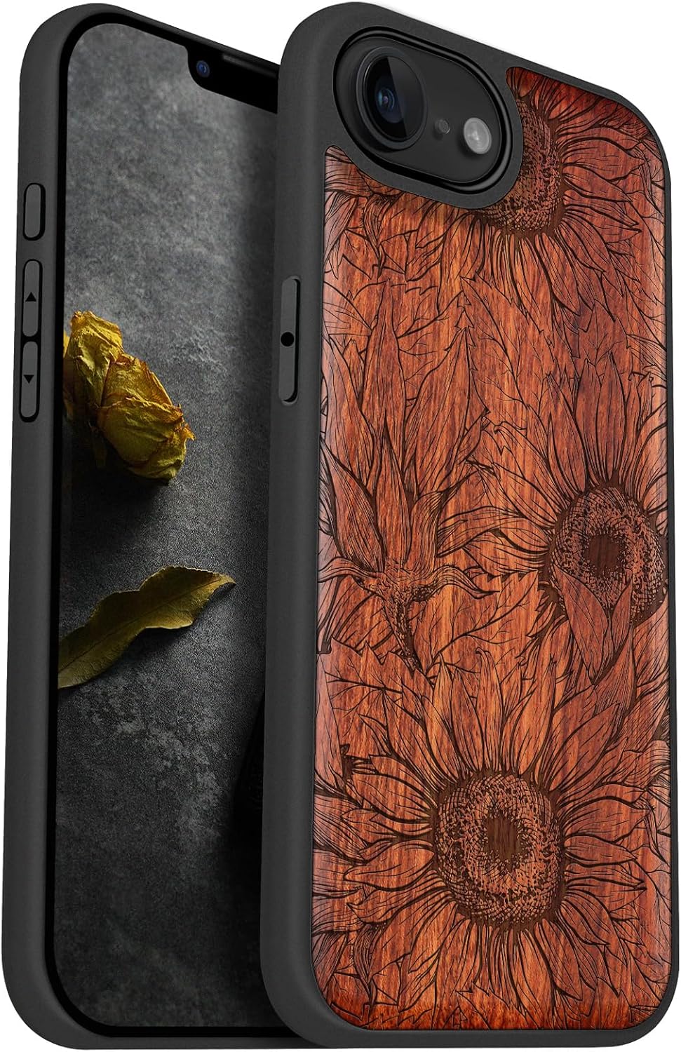 Carveit Magnetic Wooden Case for iPhone 16e / 17e, Solid Wood & Black TPU, Artisan Engraved Design, Shockproof Cover, Compatible with MagSafe Wireless Chargers, The Helianthus Sketch - Walnut