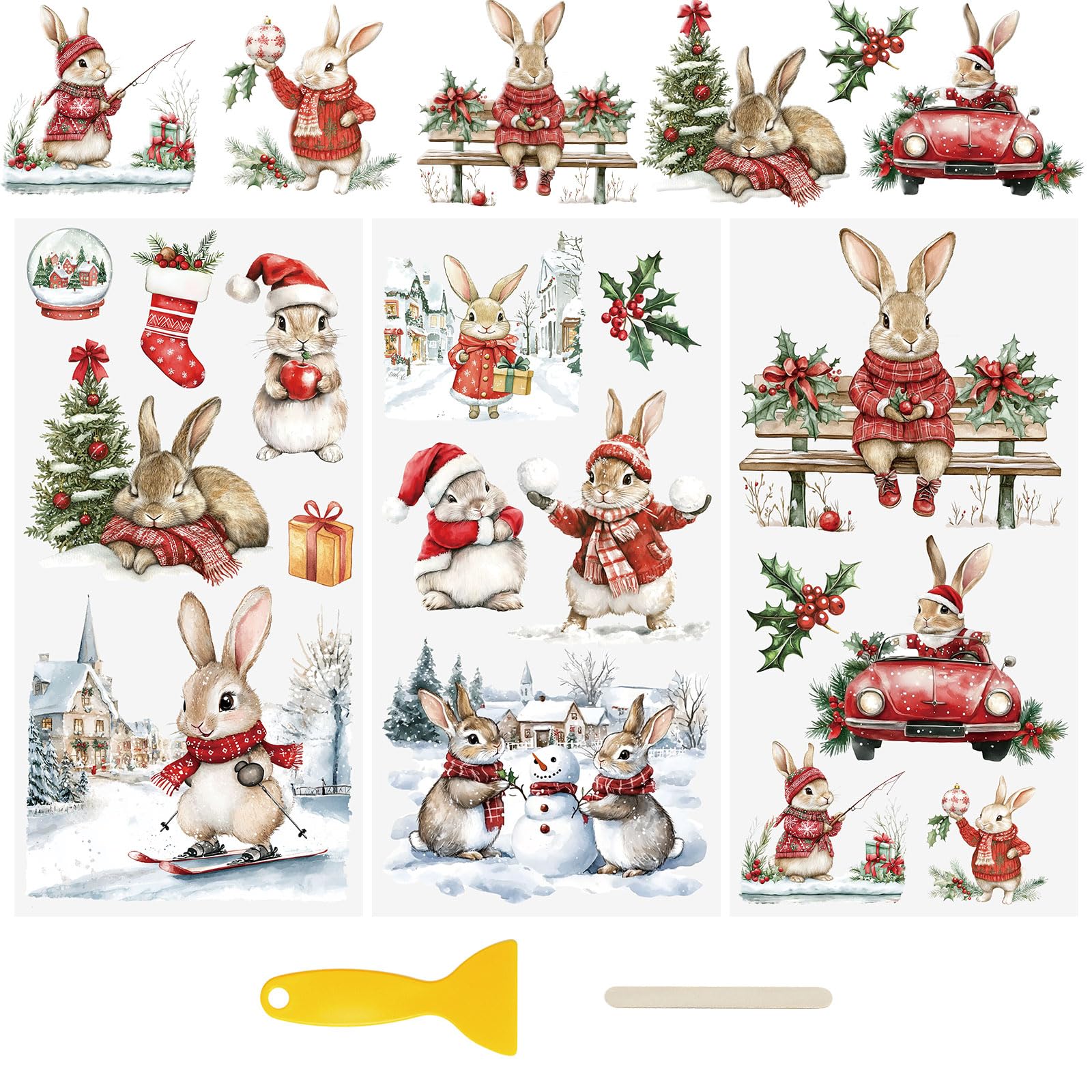 WANDIC 3 Sheets UV DTF Cup Warp Merry Christmas Rabbits Rub on Transfer Stickers, Furniture Decals for DIY Glass Window Water Bottle Crafts,15 * 30cm — image 1