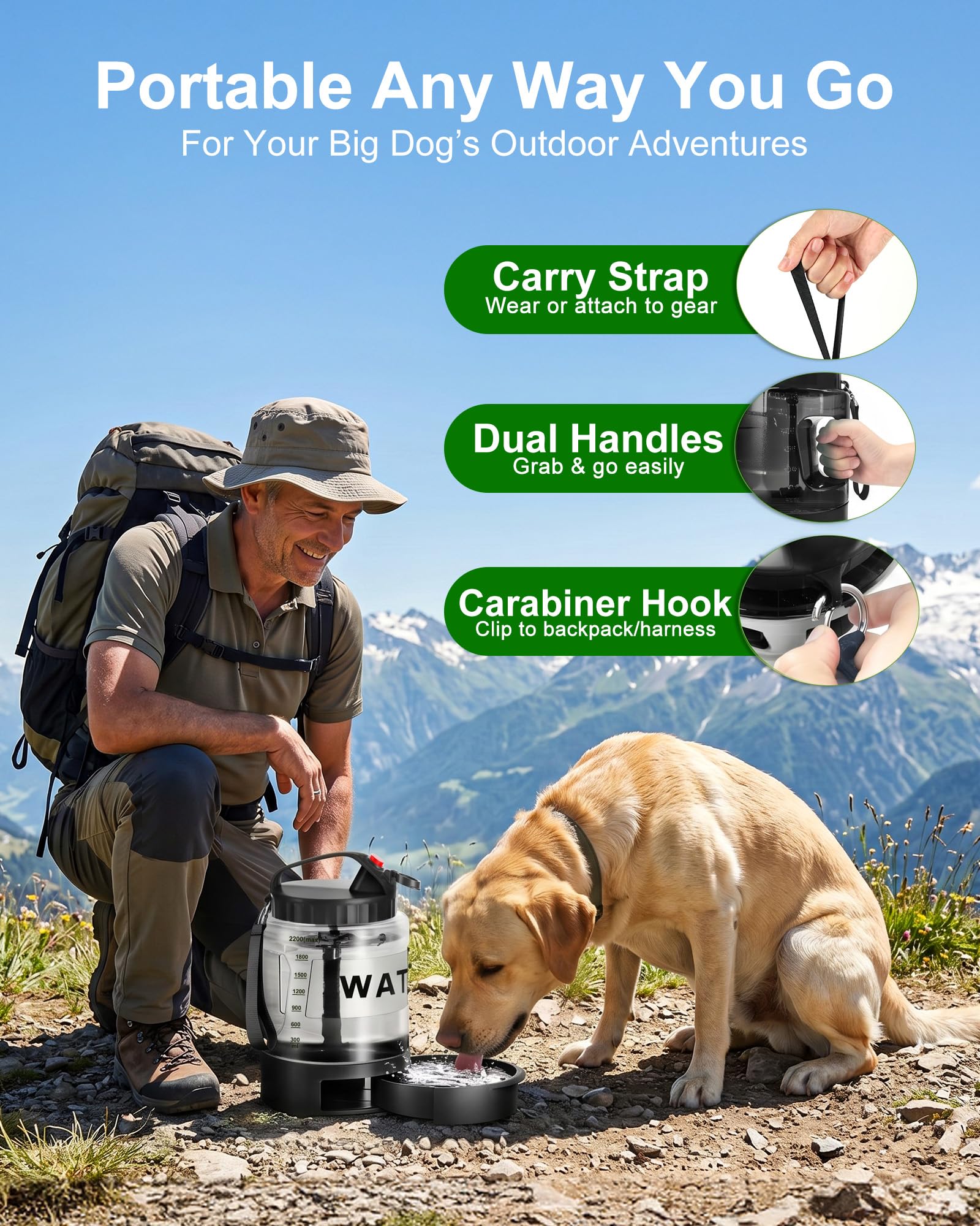 Botella de agua para perros de 76 onzas, dispensador grande de cuenco de agua para perros con cuenco extraíble, agua de viaje portátil para perro, accesorios de playa para perros, camping con perros,