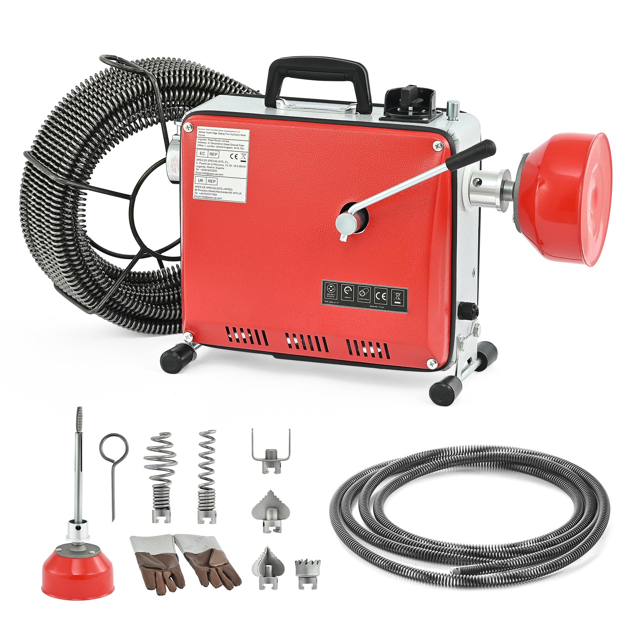 ZELCAN Machine de Nettoyage de Canalisations 400W – Déboucheur Électrique GQ-100 avec Serpentin de 20 m, 6 Têtes de Coupe et Moteur 400 tr/min pour Tuyaux Ø 32 à 100 mm
