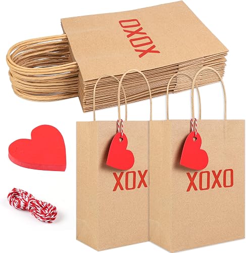 TaoQ C 12 Pack Valentines Day Gift Bags with Tags Valentines Kraft Paper Bags Valentines Candy Bags with Handles for Valentine's Day Wedding Anniversary Birthday