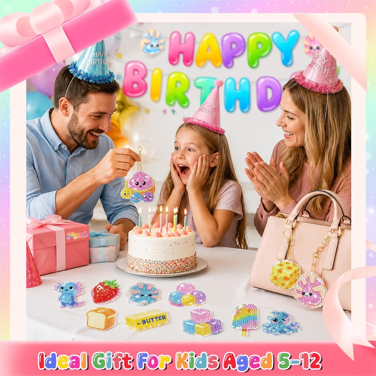 Acrylic Squishy Birthday Party Decorations,Dumpling Diamond Art Painting Kits Party Favors Arts and Crafts for Kids Ages 8-12 Make Your Own GEM Keychains for Girls Ages 4-6 Boys Christmas Toys Gifts