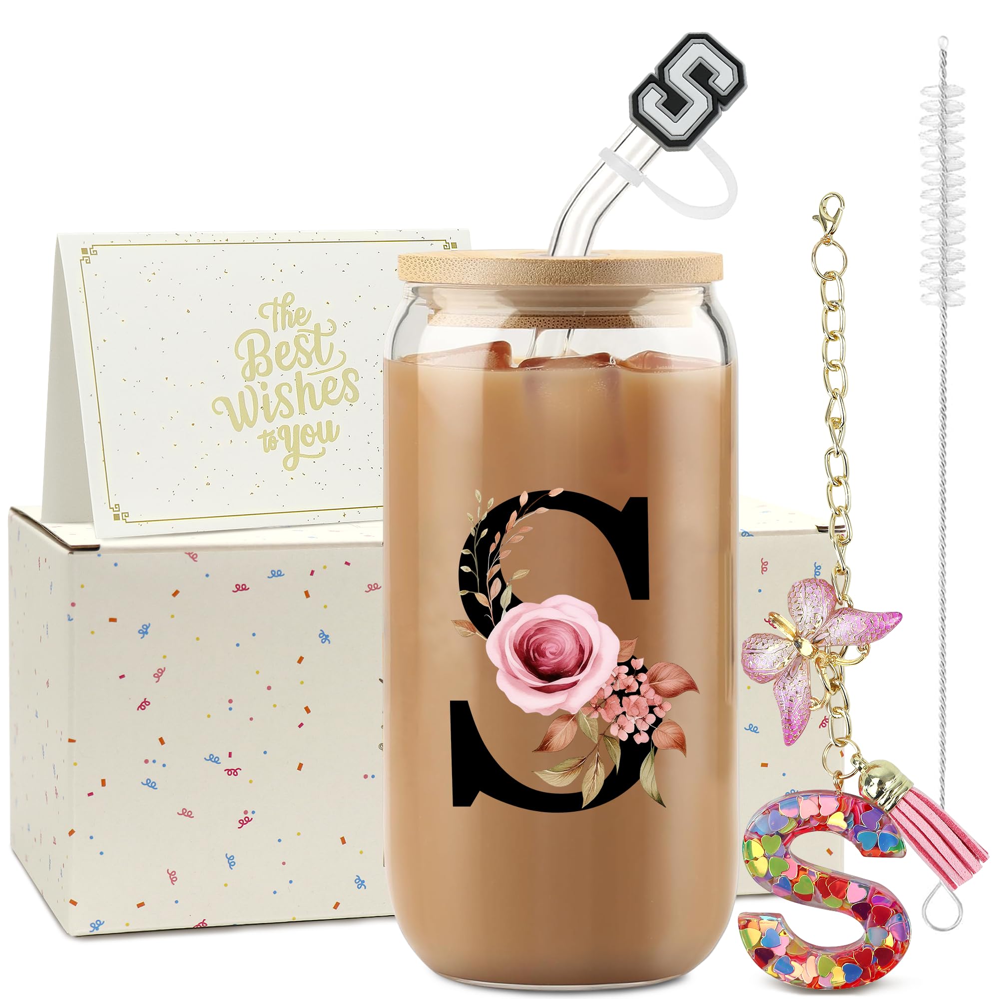 ZIOSINM Buchstaben Personalisierte Geschenke für Frauen, Glasbecher | Glasbecher mit Deckel & Strohhalm + Schlüsselanhänger Buchstabe, Geschenke für Frauen zum Geburtstag Weihnachten Valentinstag