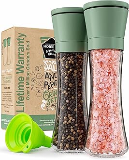 Premium Green Sea Salt and Pepper Grinder Set of 2 - Adjustable Ceramic - Tall Glass Salt and Pepper Shakers - Kitchen Pepper Mill & Salt Mill W/Funnel & EBook