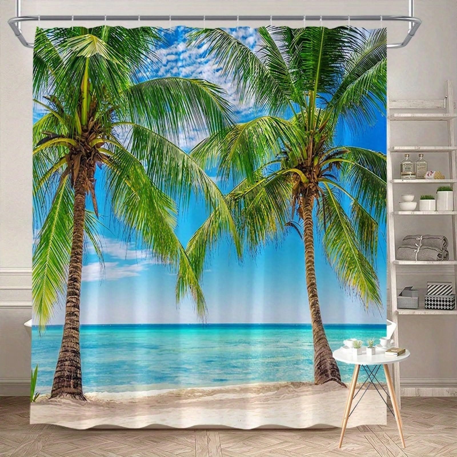 GLKSDLPO Tropical Beach Tree Shower Curtain, Hawaiian Ocean Scenery, Modern Minimalist Home Bathroom Decor(120x200cm/47x79in(WxH)